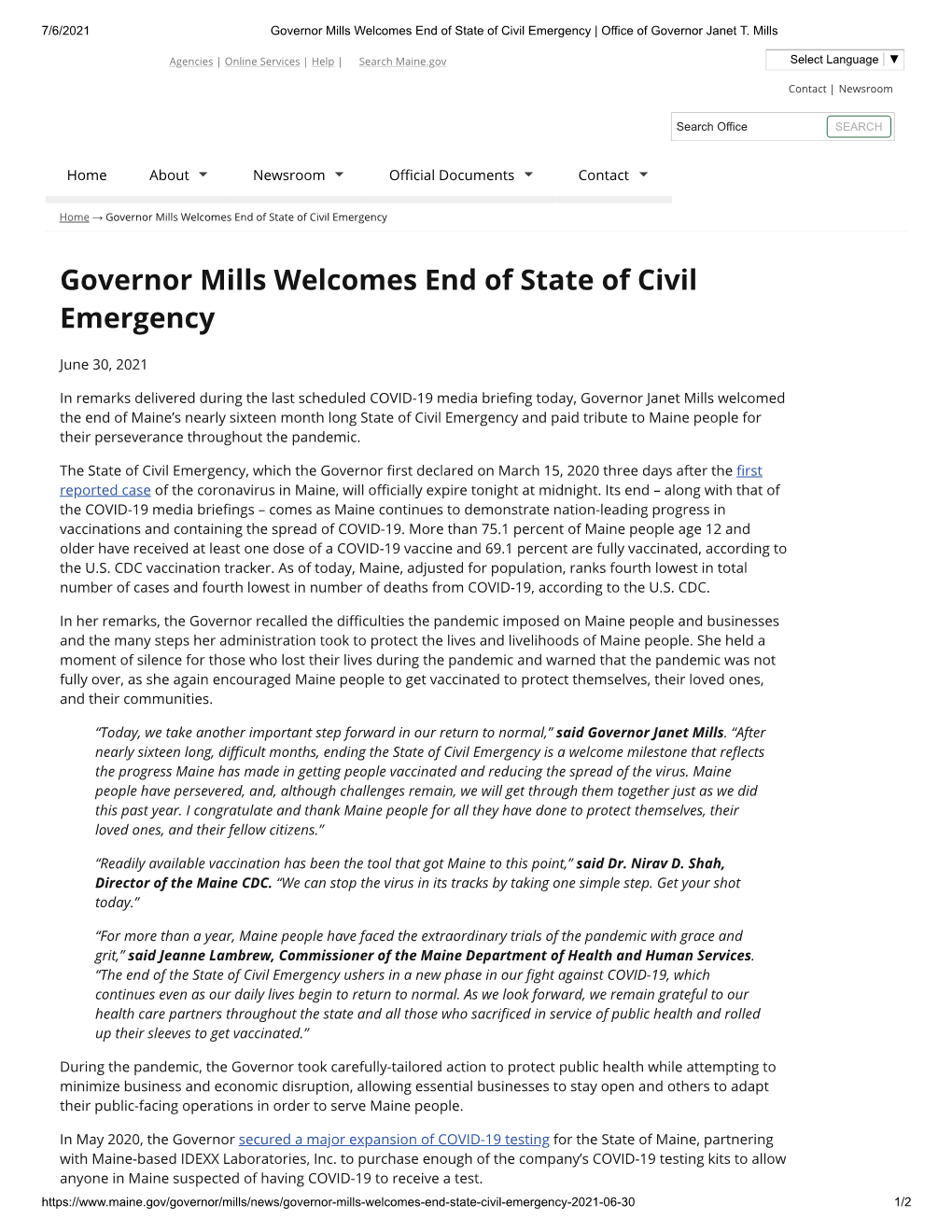 Governor Mills Welcomes End of State of Civil Emergency | Office of Governor Janet T