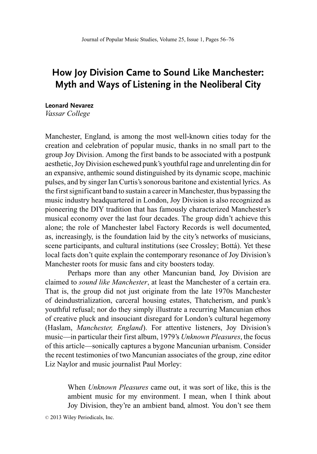 How Joy Division Came to Sound Like Manchester: Myth and Ways of Listening in the Neoliberal City