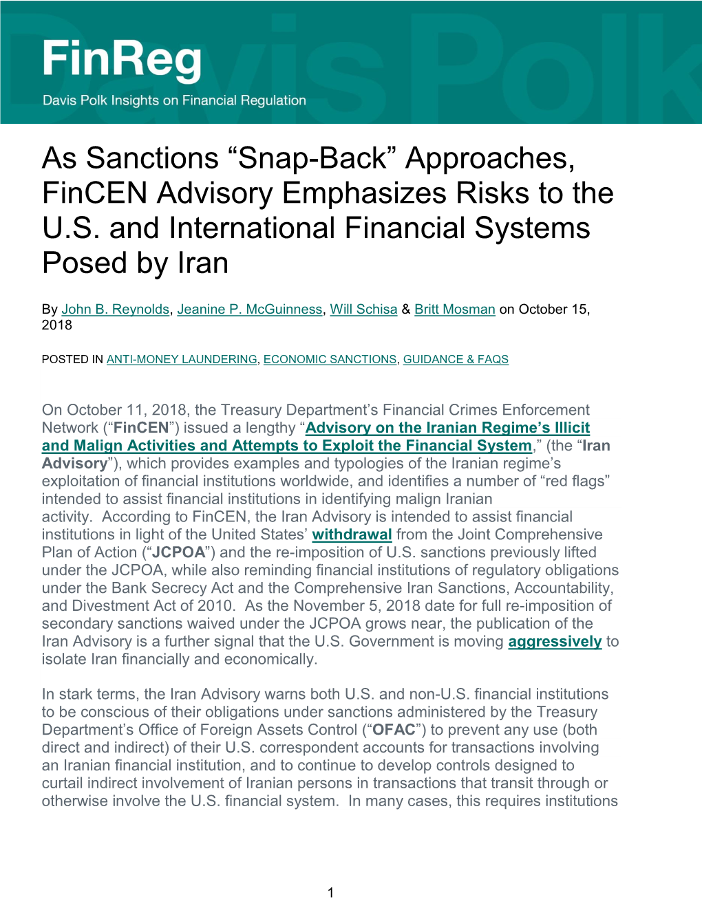 As Sanctions “Snap-Back” Approaches, Fincen Advisory Emphasizes Risks to the U.S