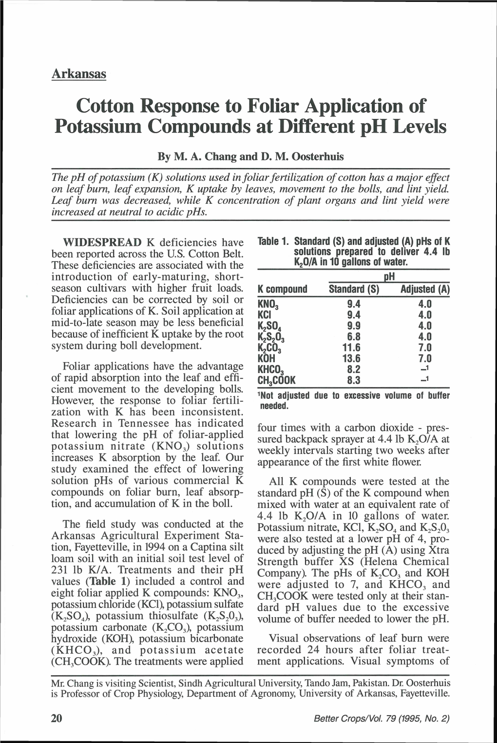 Cotton Response to Foliar Application of Potassium Compounds at Different Ph Levels