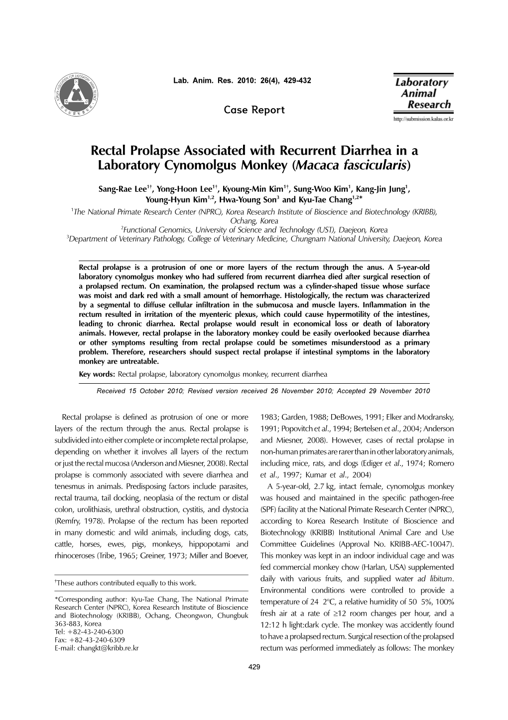 Rectal Prolapse Associated with Recurrent Diarrhea in a Laboratory Cynomolgus Monkey (Macaca Fascicularis)