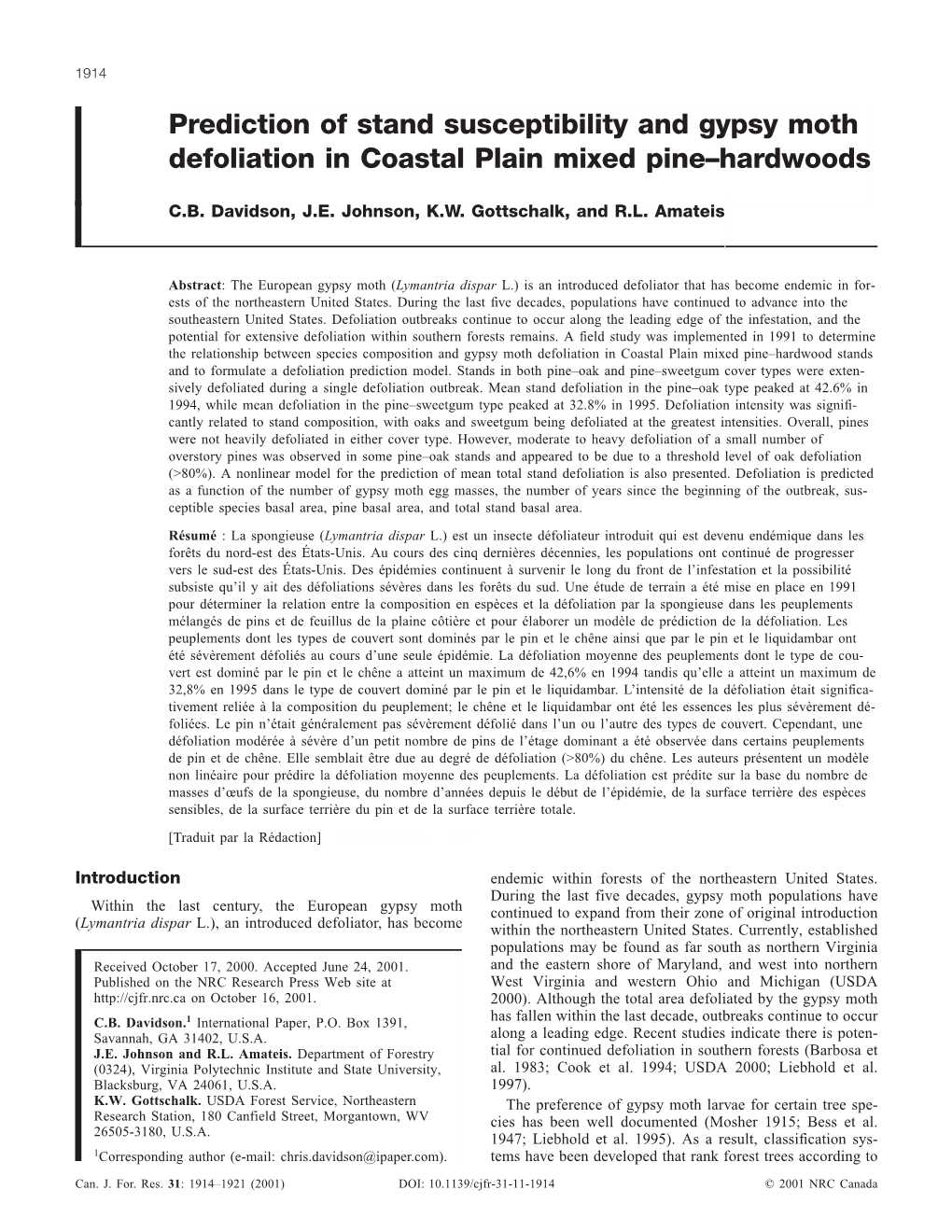 Prediction of Stand Susceptibility and Gypsy Moth Defoliation in Coastal Plain Mixed Pine–Hardwoods