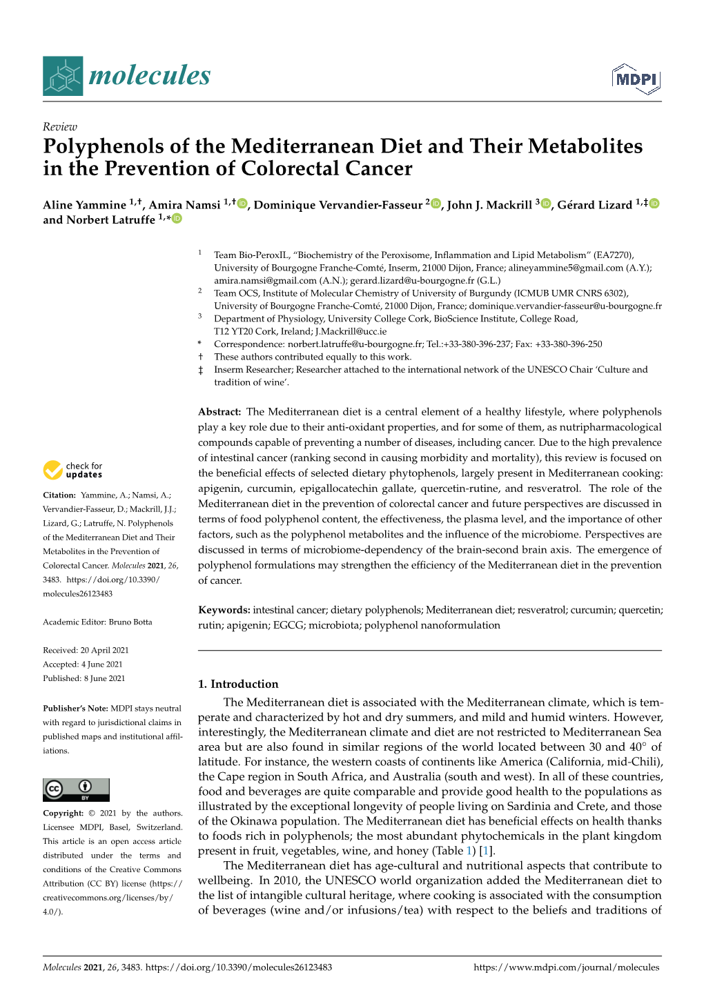 Polyphenols of the Mediterranean Diet and Their Metabolites in the Prevention of Colorectal Cancer