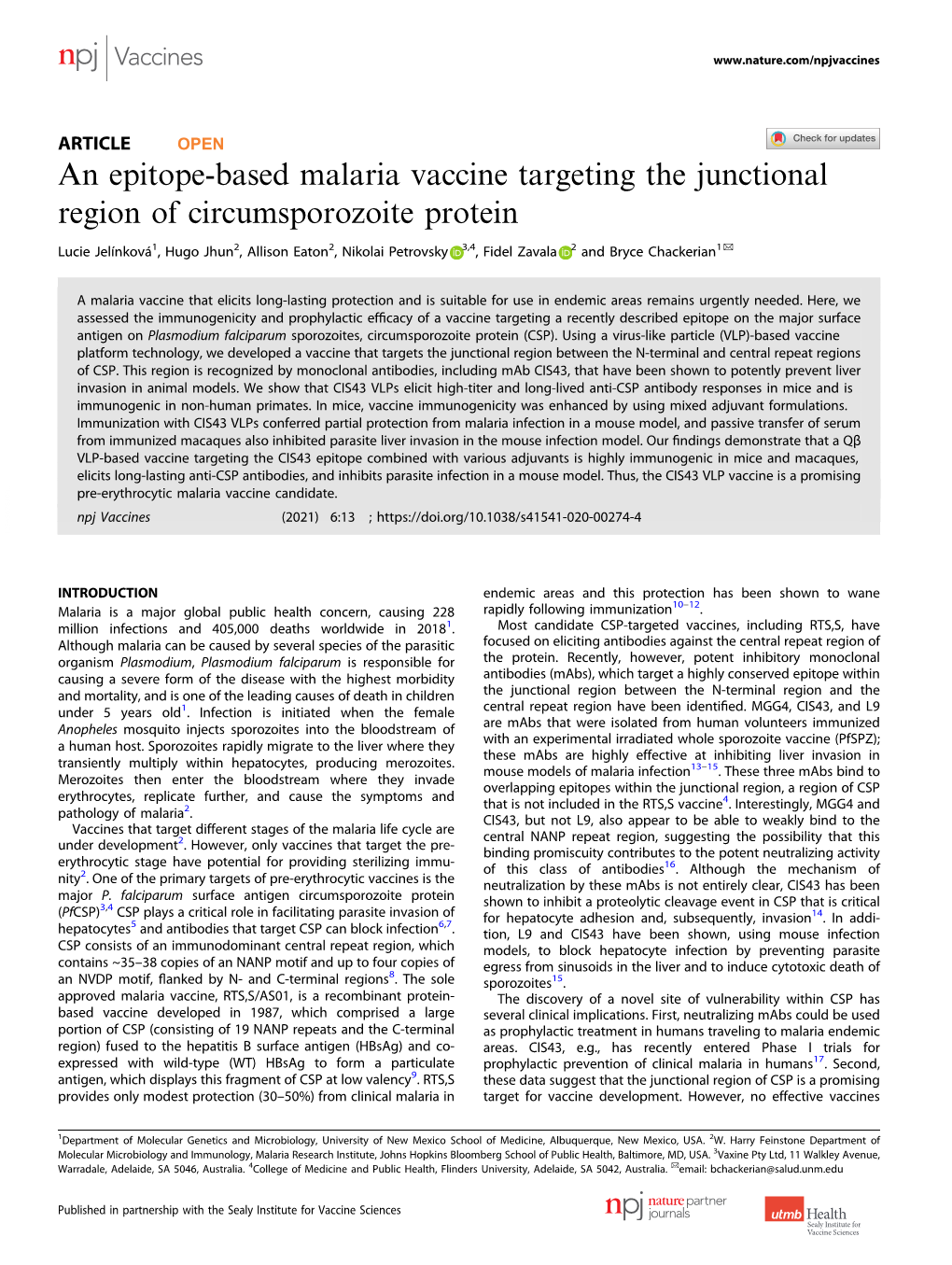 An Epitope-Based Malaria Vaccine Targeting the Junctional Region Of