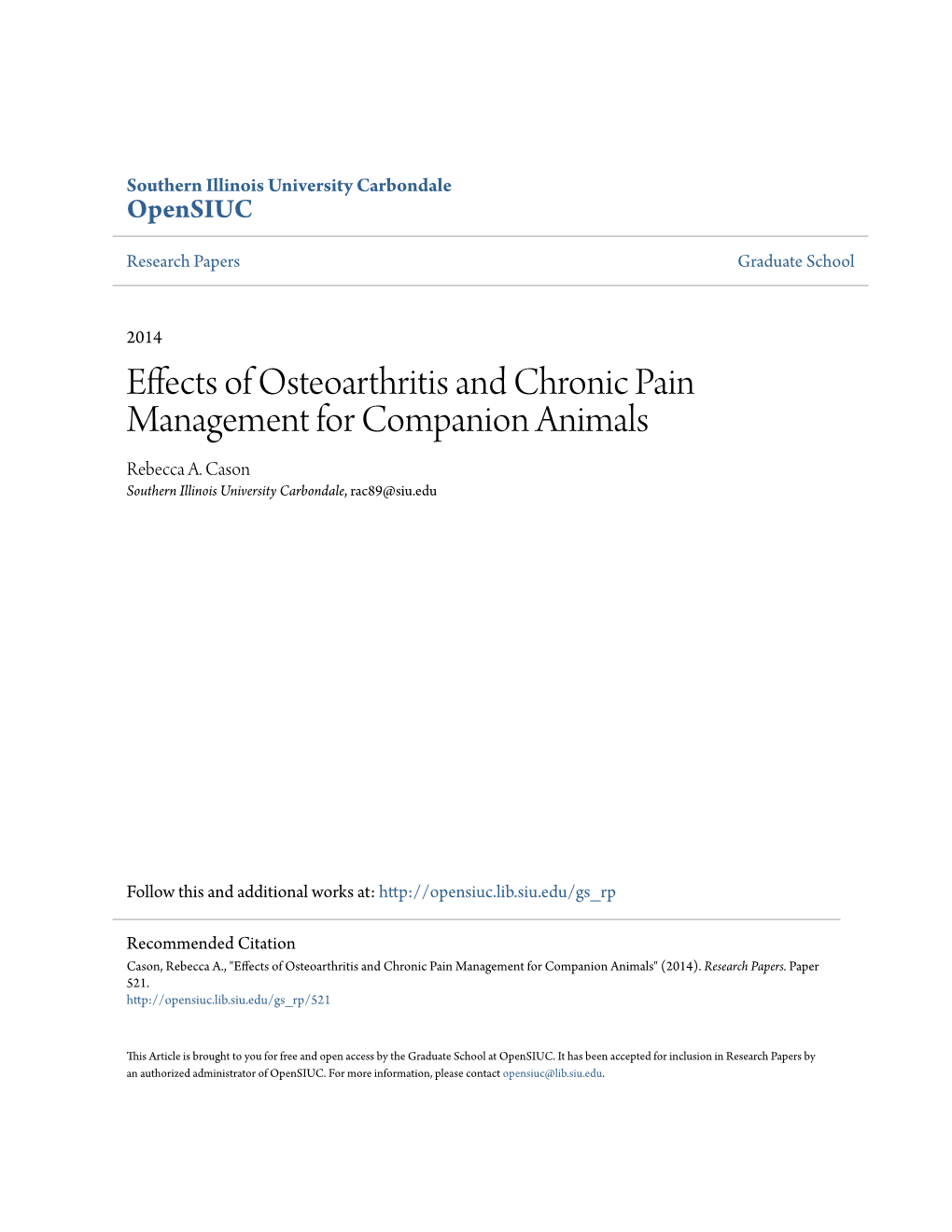 Effects of Osteoarthritis and Chronic Pain Management for Companion Animals Rebecca A