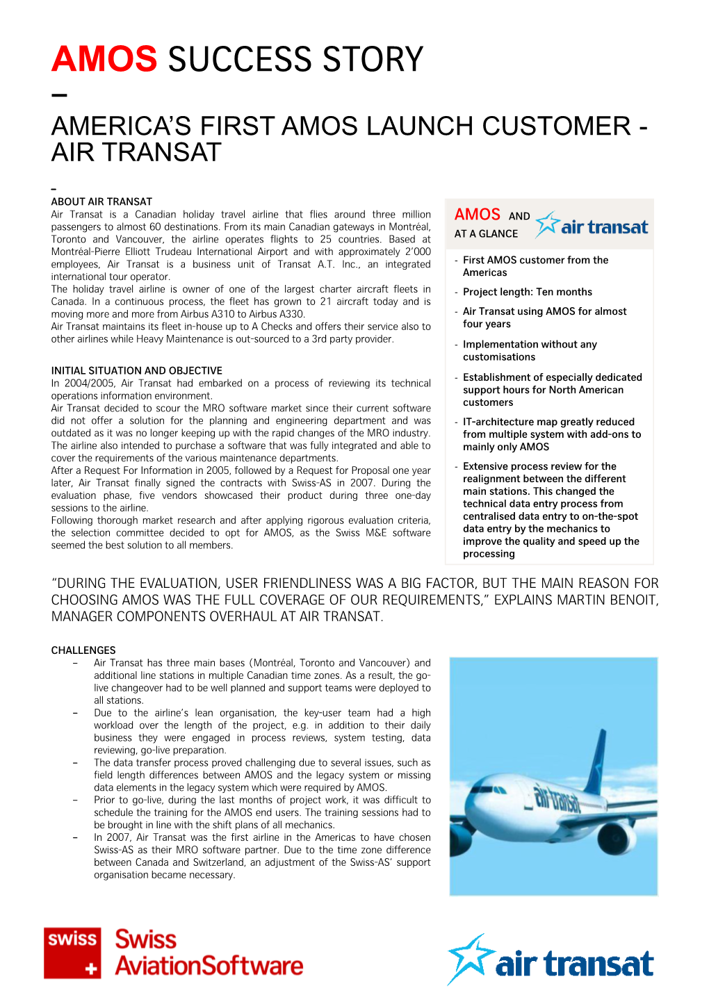 Amos Success Story – America’S First Amos Launch Customer - Air Transat