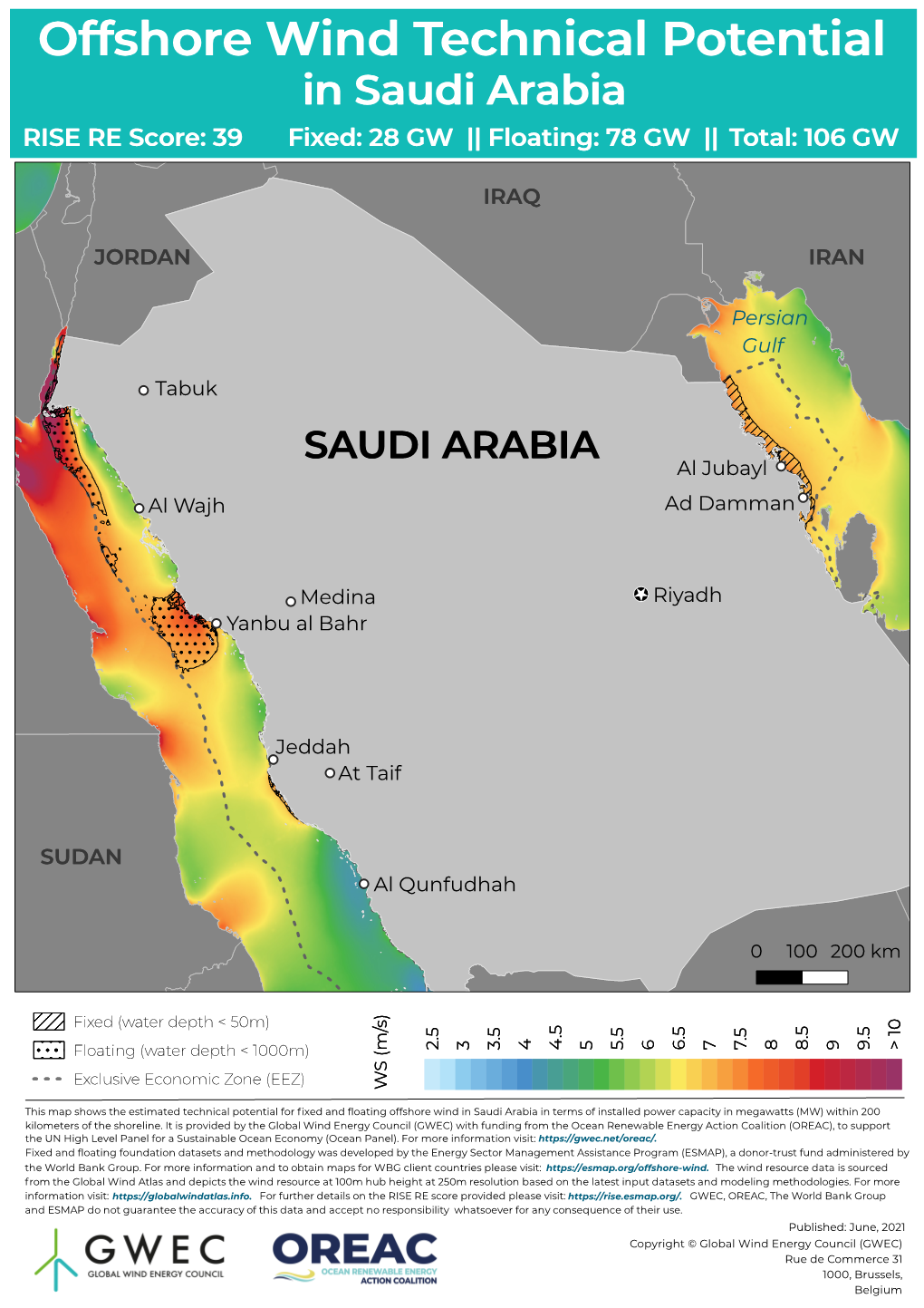 Saudi Arabia RISE RE Score: 39 Fixed: 28 GW || Floating: 78 GW || Total: 106 GW