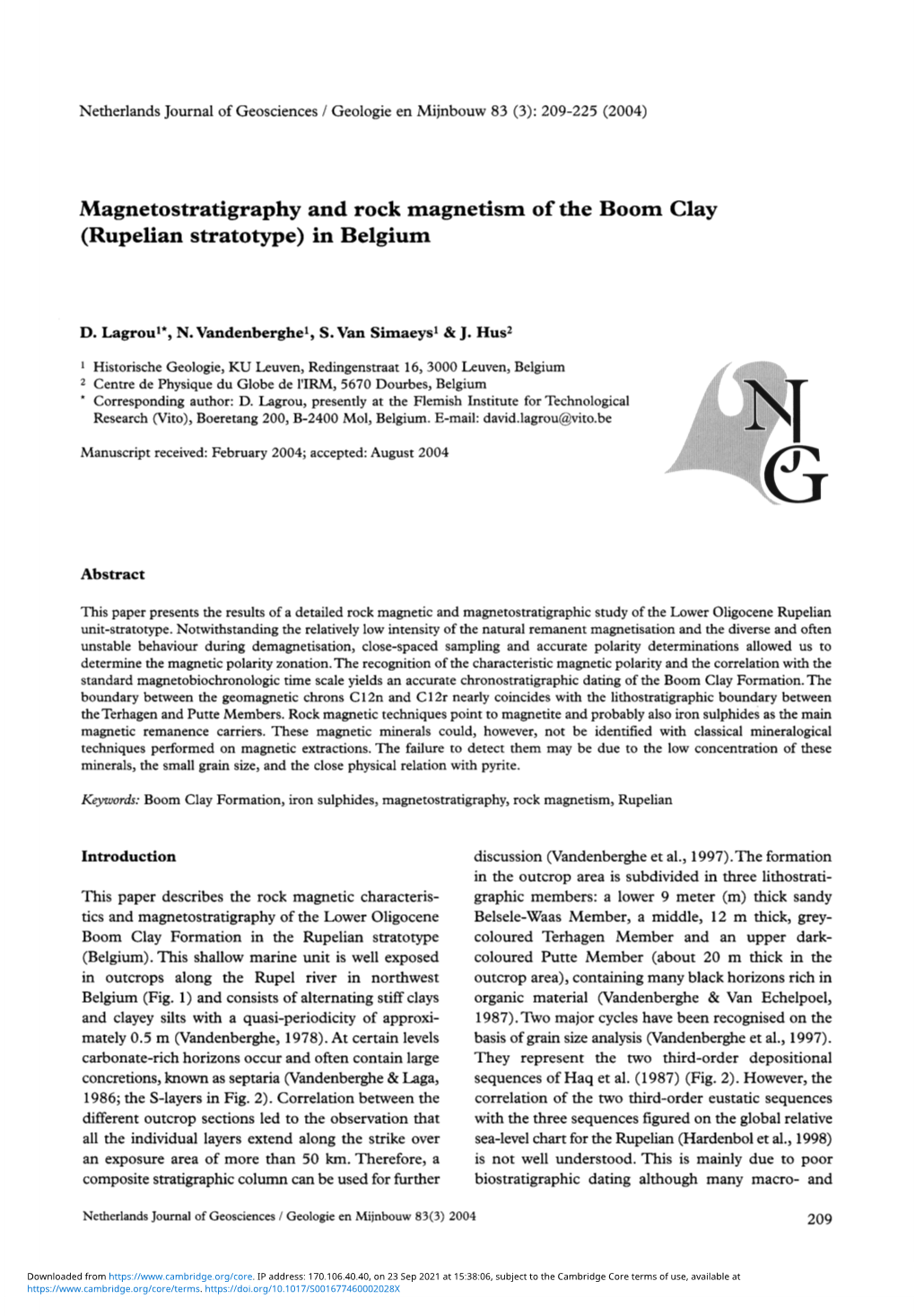 Magnetostratigraphy and Rock Magnetism of the Boom Clay (Rupelian Stratotype) in Belgium