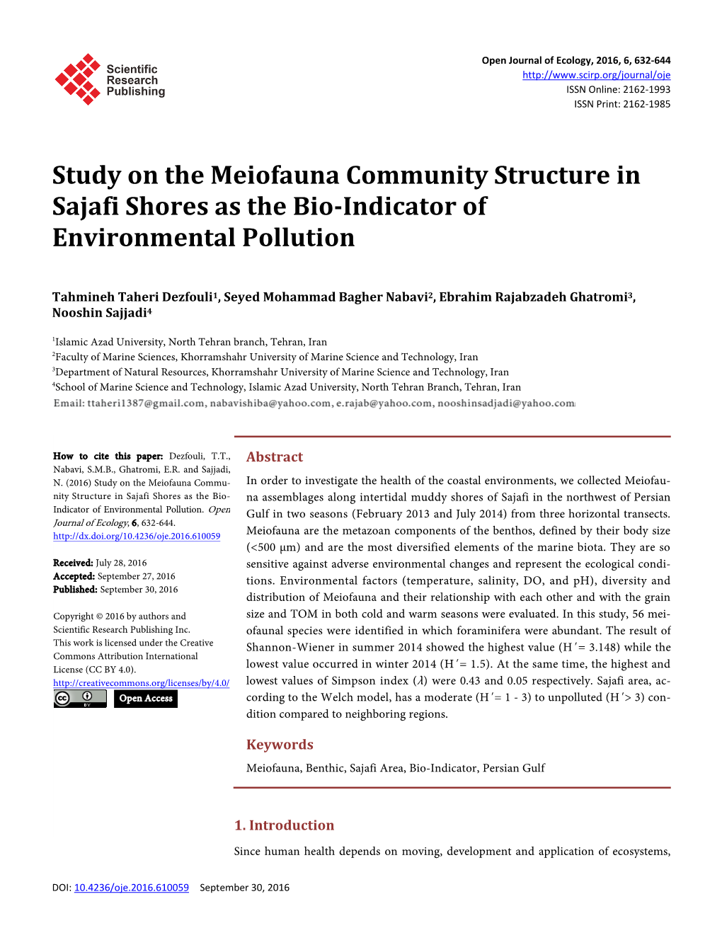 Study on the Meiofauna Community Structure in Sajafi Shores As the Bio-Indicator of Environmental Pollution