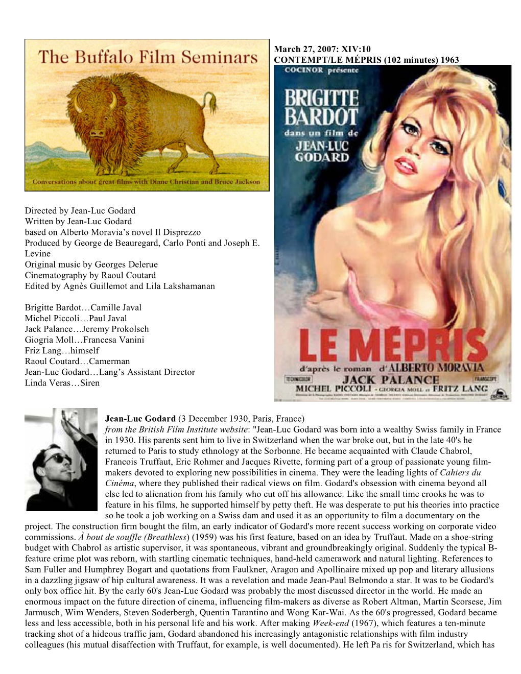 XIV:10 CONTEMPT/LE MÉPRIS (102 Minutes) 1963 Directed by Jean