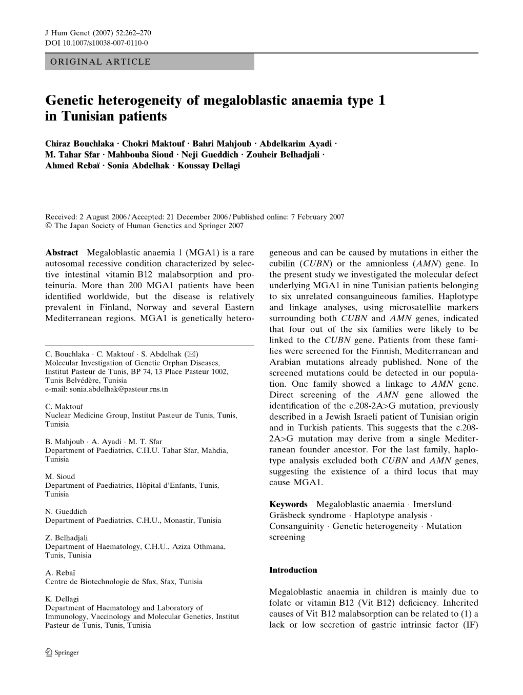 Genetic Heterogeneity of Megaloblastic Anaemia Type 1 in Tunisian Patients