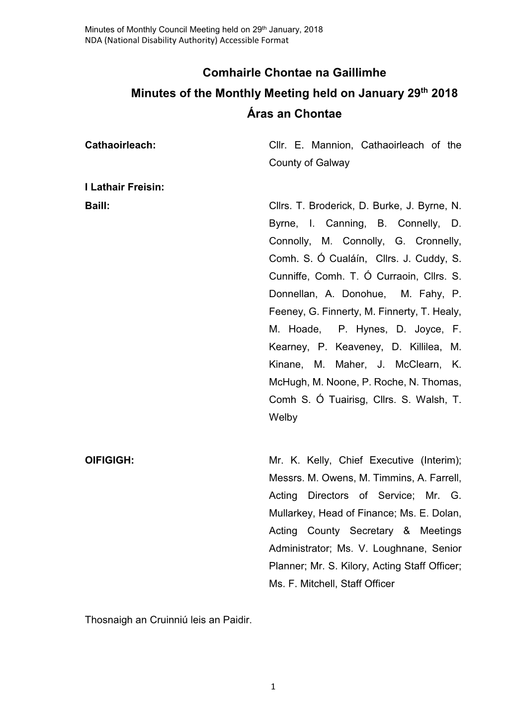 Comhairle Chontae Na Gaillimhe Minutes of the Monthly Meeting Held on January 29Th 2018 Áras an Chontae