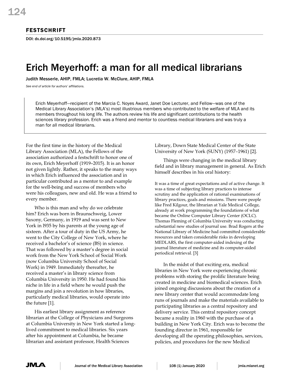 124 Erich Meyerhoff: a Man for All Medical Librarians