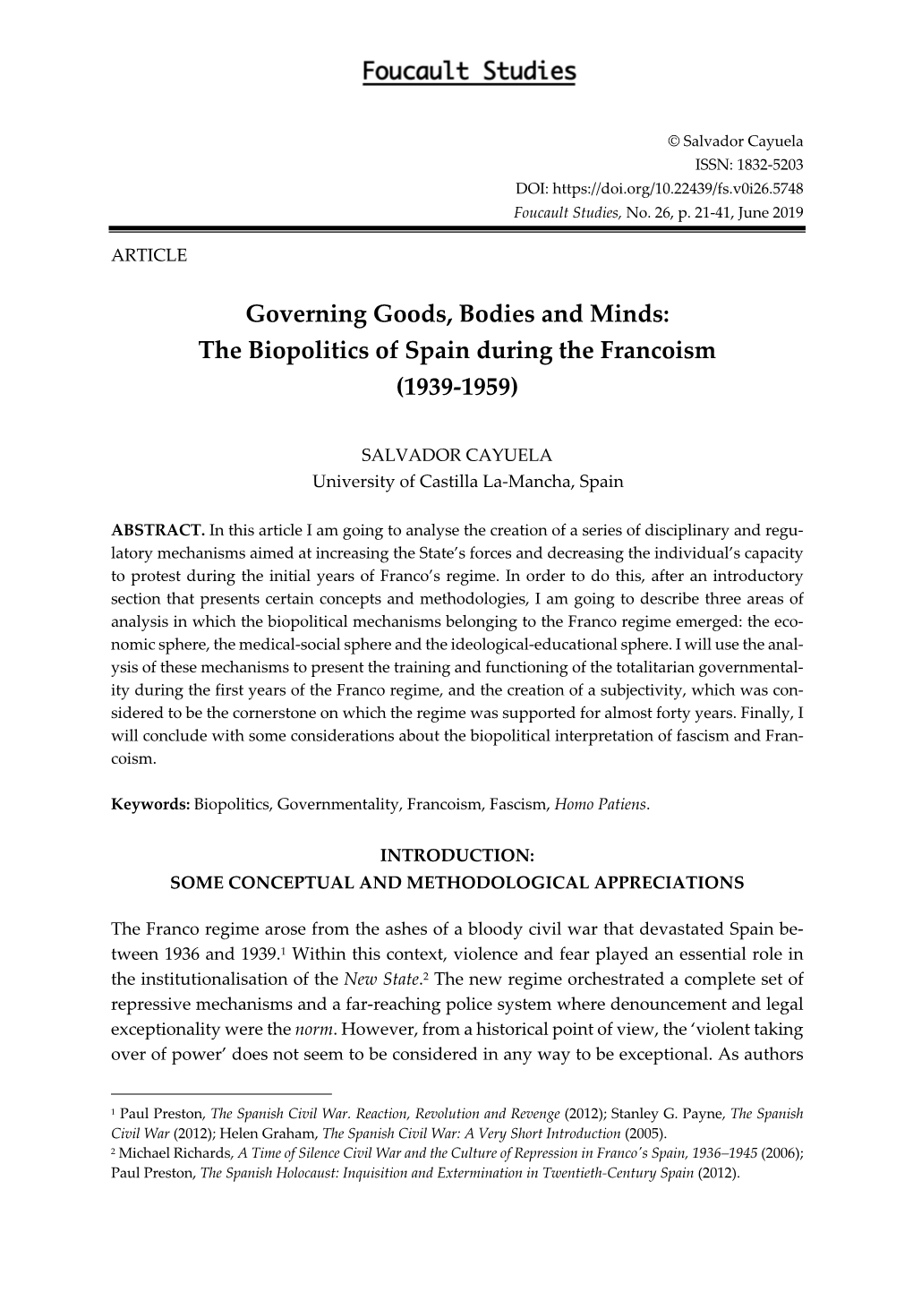 The Biopolitics of Spain During the Francoism (1939-1959)