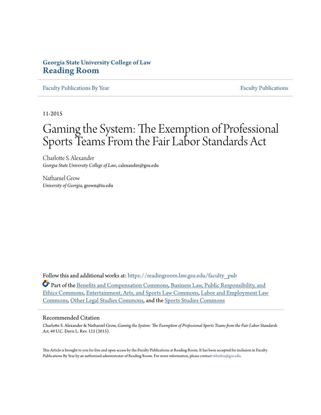 The Exemption of Professional Sports Teams from the Fair Labor Standards Act Charlotte S