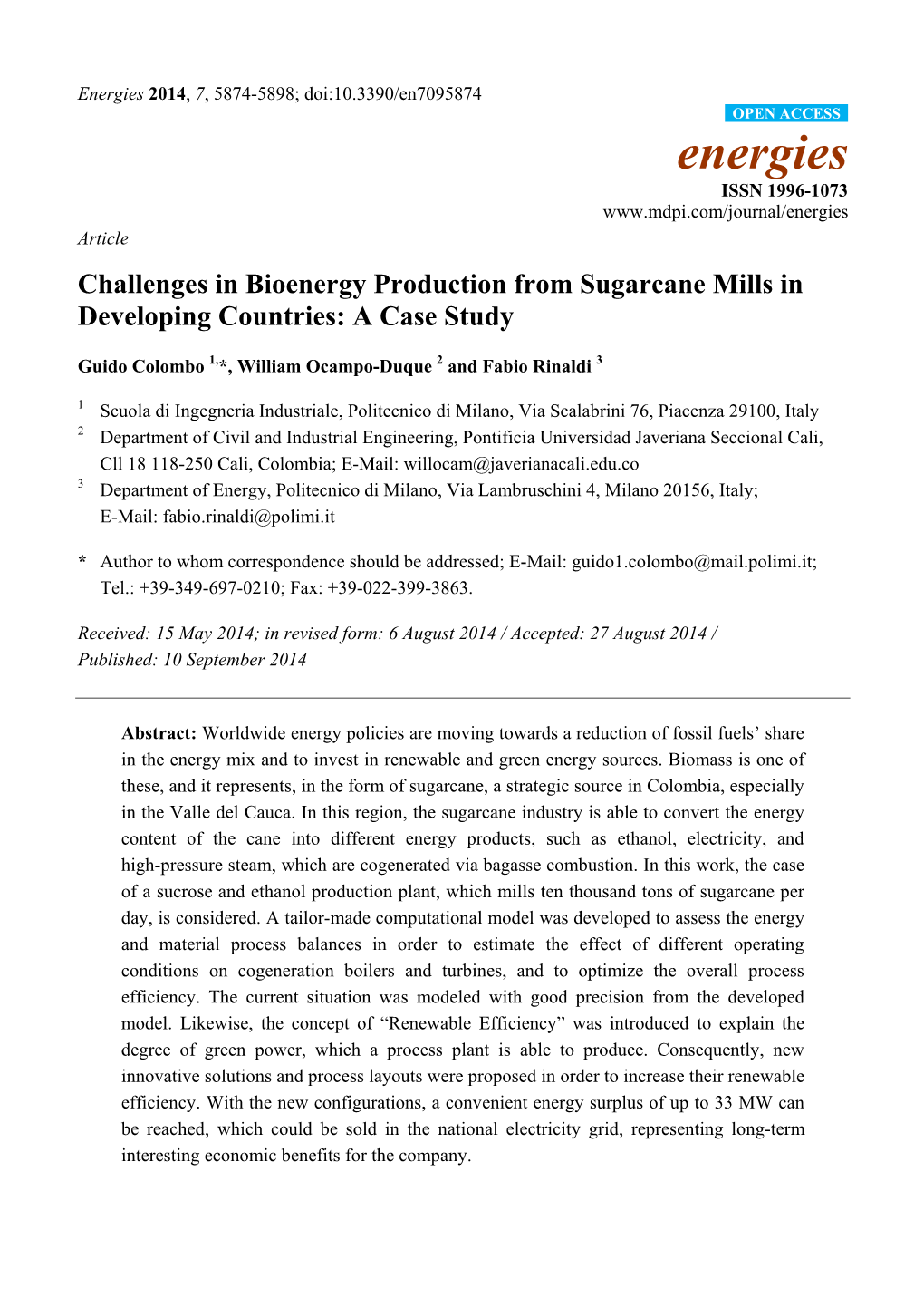 Challenges in Bioenergy Production from Sugarcane Mills in Developing Countries: a Case Study