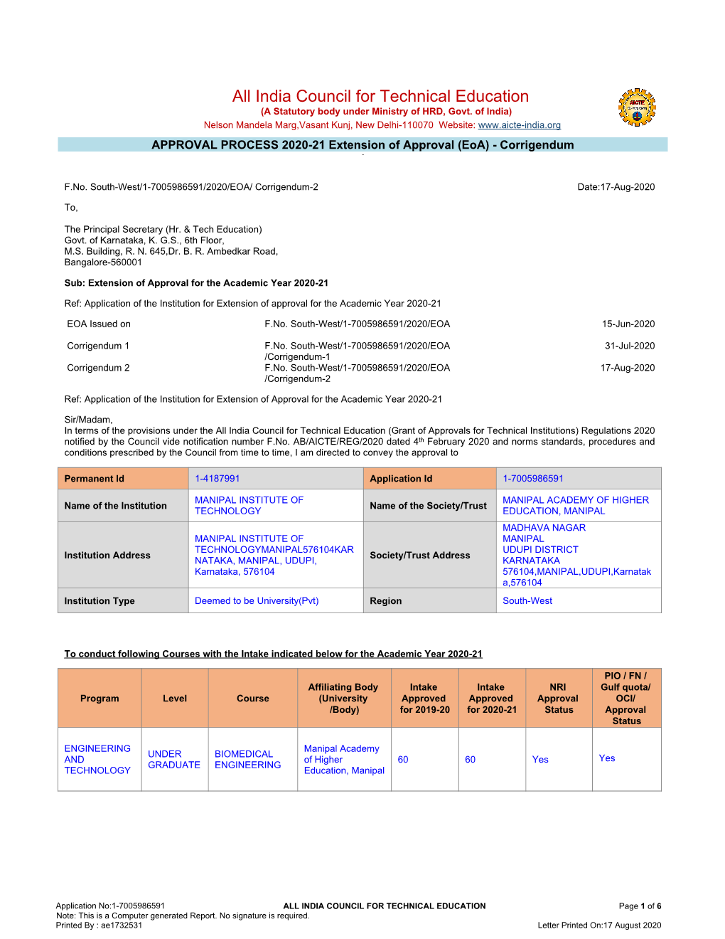 All India Council for Technical Education (A Statutory Body Under Ministry of HRD, Govt