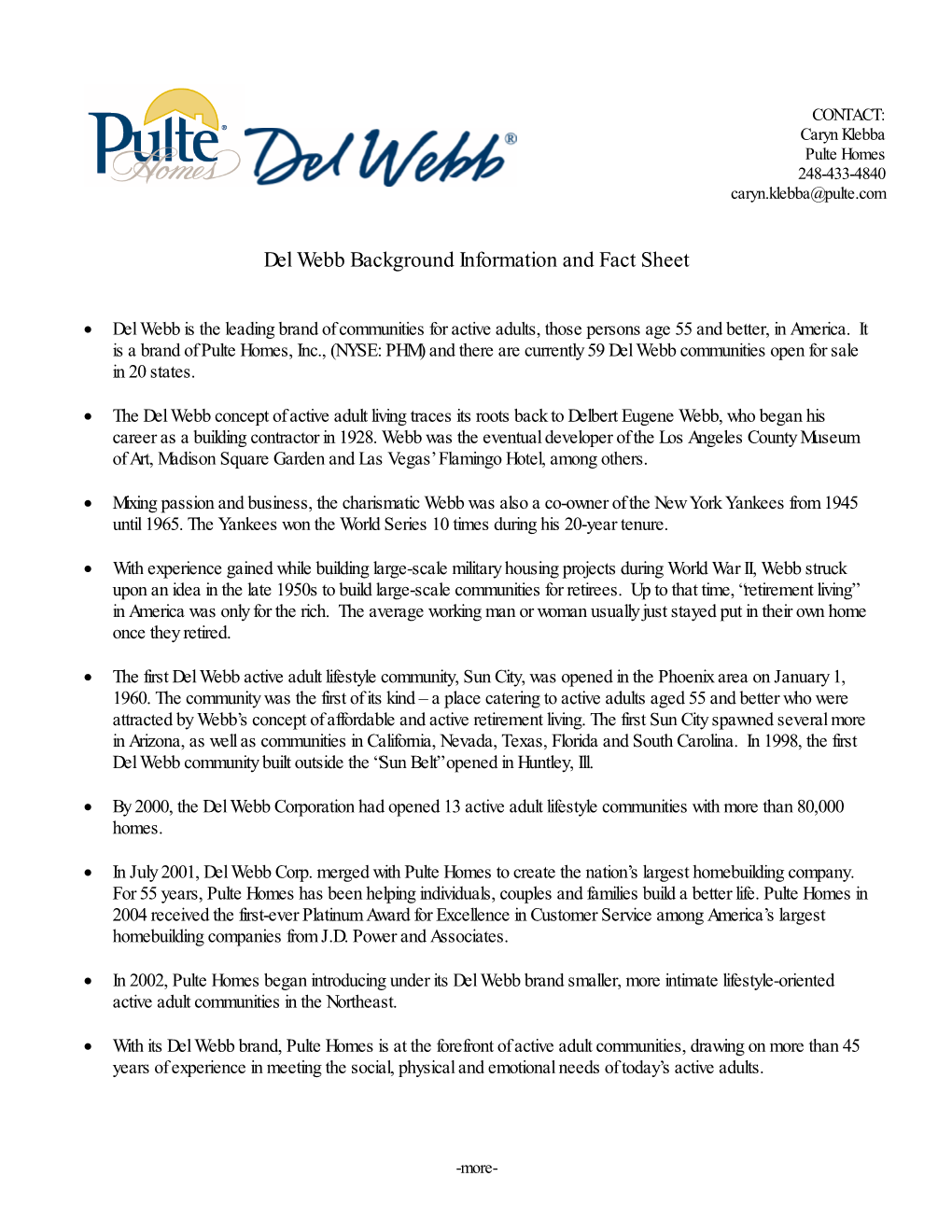 Del Webb Background Information and Fact Sheet