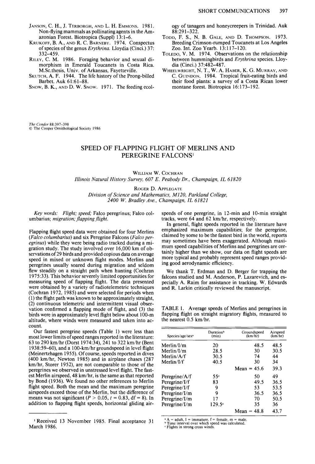 Speed of Flapping Flight of Merlins and Peregrine Falcons ’