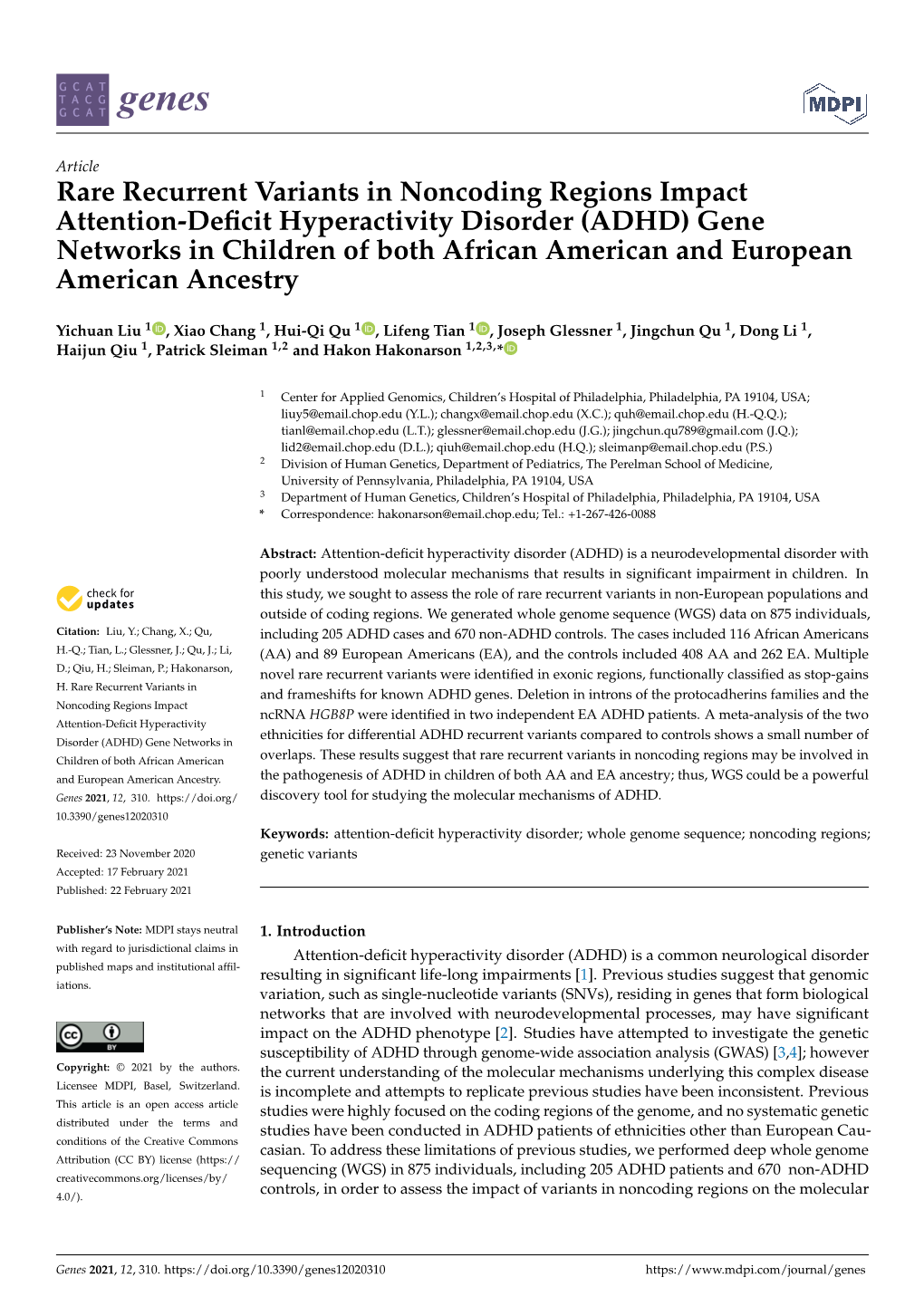 ADHD) Gene Networks in Children of Both African American and European American Ancestry