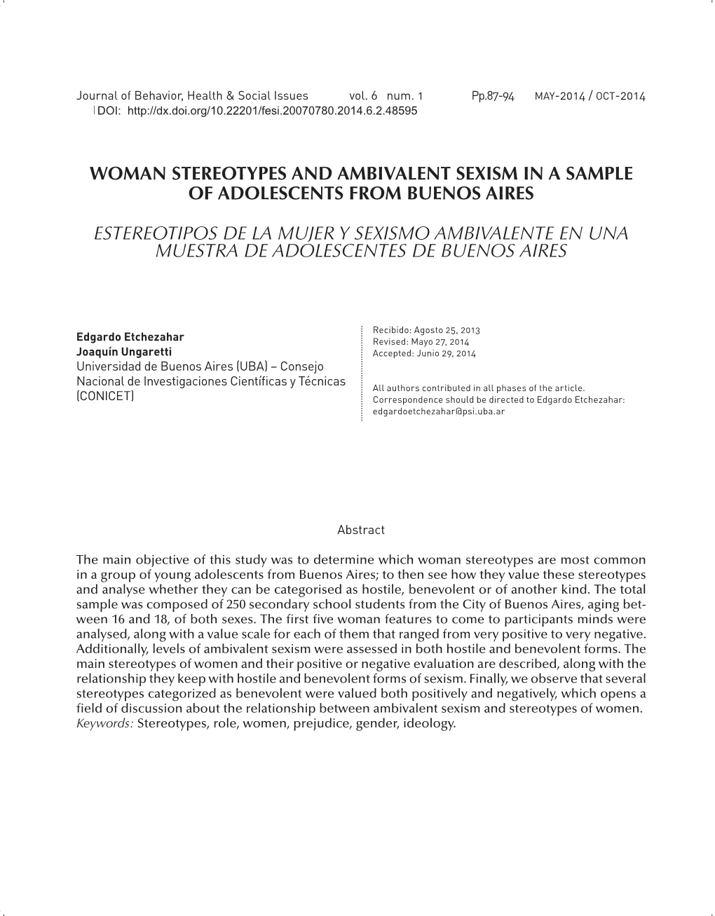 Woman Stereotypes and Ambivalent Sexism in a Sample of Adolescents from Buenos Aires