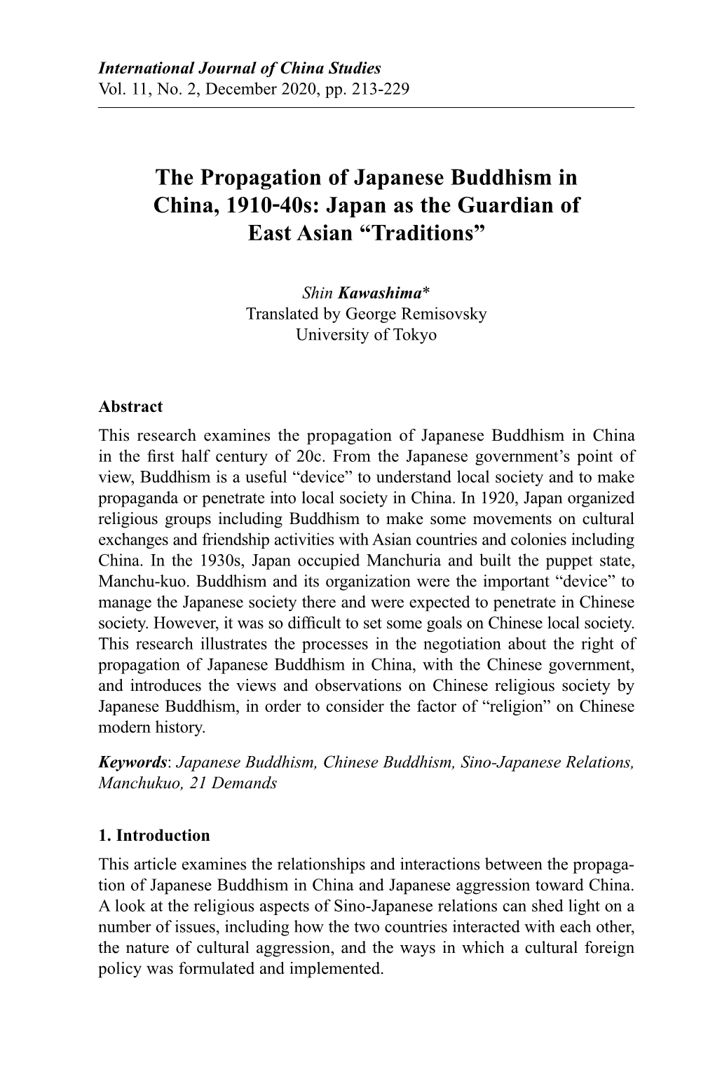 The Propagation of Japanese Buddhism in China, 1910-40S: Japan As the Guardian of East Asian “Traditions”