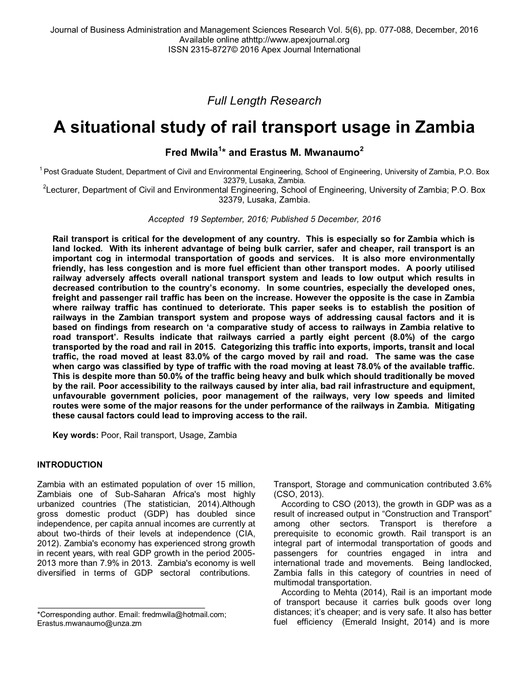 A Situational Study of Rail Transport Usage in Zambia