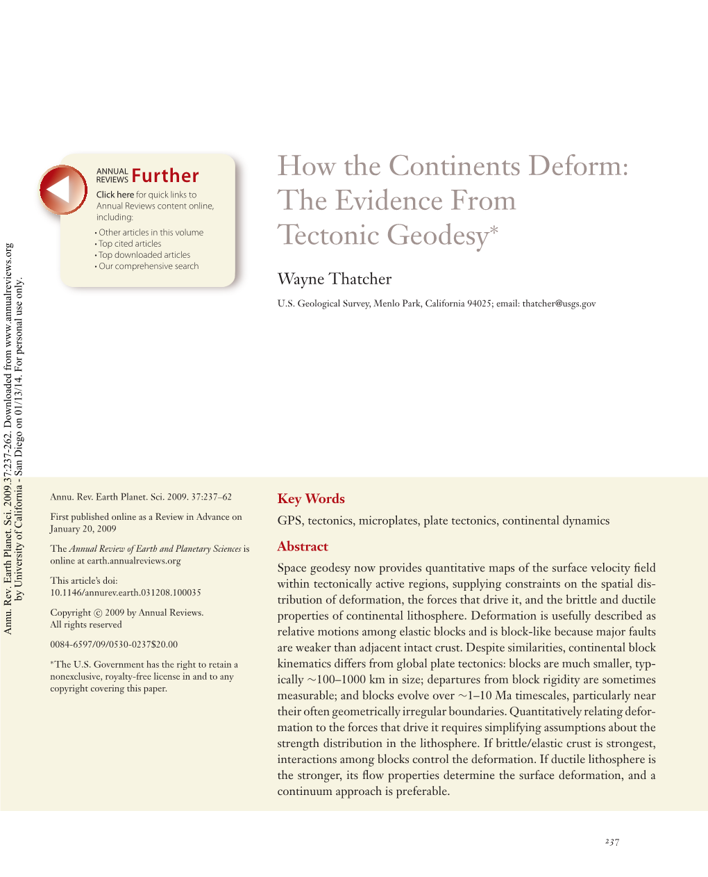 How the Continents Deform: the Evidence from Tectonic Geodesy*