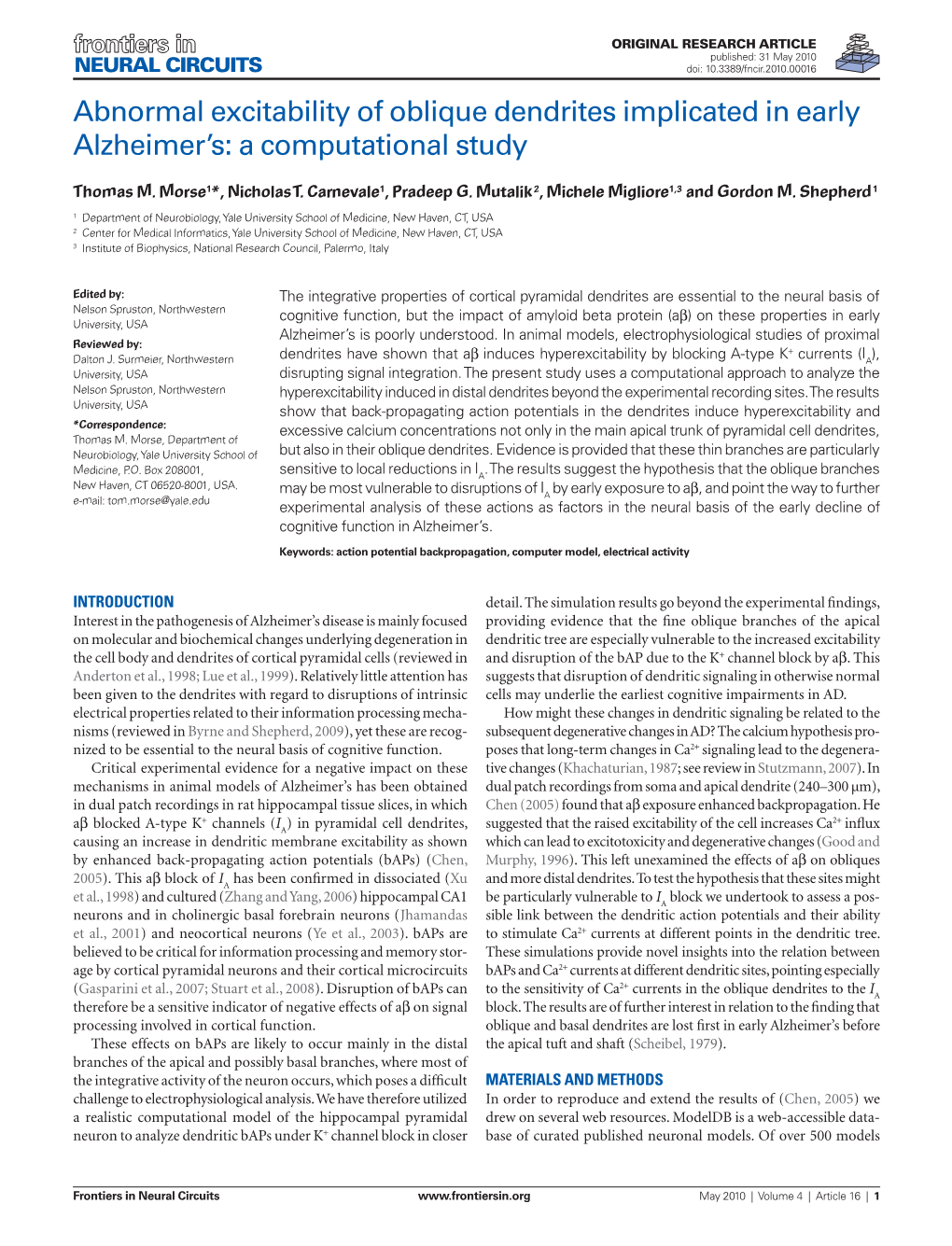 Abnormal Excitability of Oblique Dendrites Implicated in Early Alzheimer’S: a Computational Study