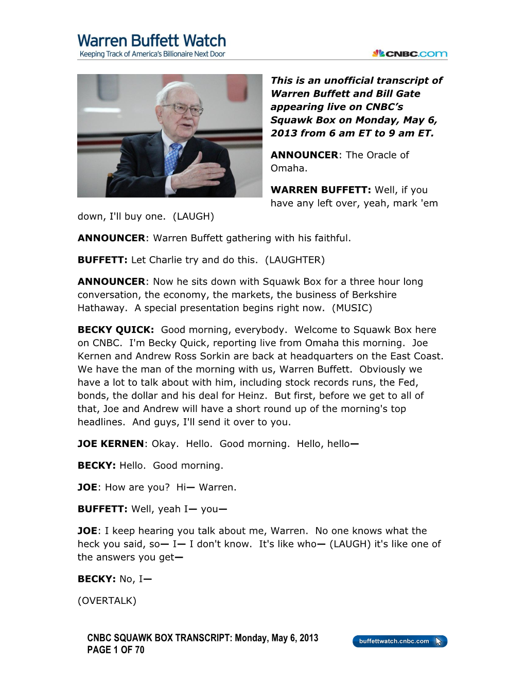 2013-05-06 Warren Buffett Squawk Box Transcript