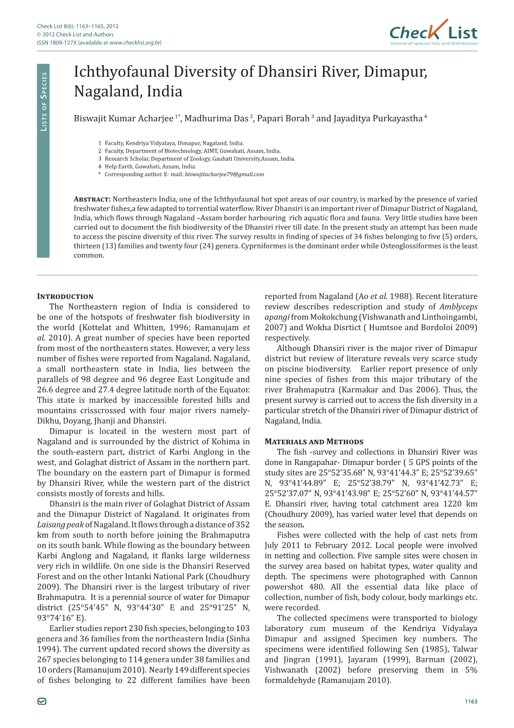 Check List 8(6): 1163–1165, 2012 © 2012 Check List and Authors Chec List ISSN 1809-127X (Available at Journal of Species Lists and Distribution