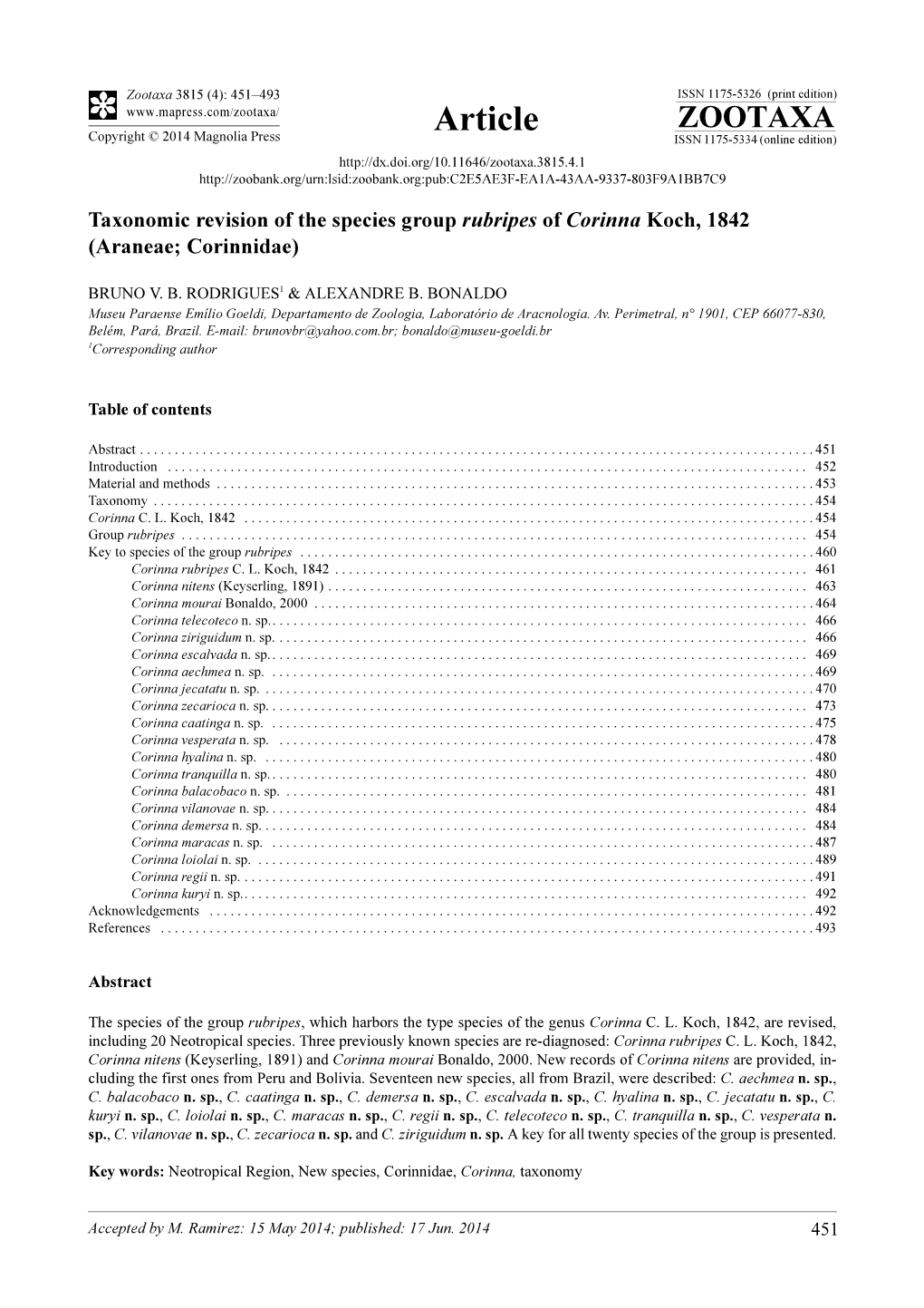 Taxonomic Revision of the Species Group Rubripes of Corinna Koch, 1842 (Araneae; Corinnidae)