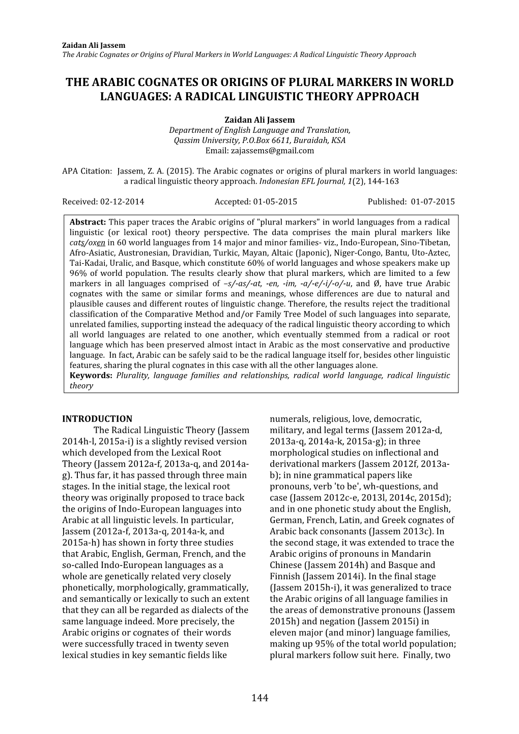 Plural Markers in World Languages and Their Arabic Cognates Or Origins