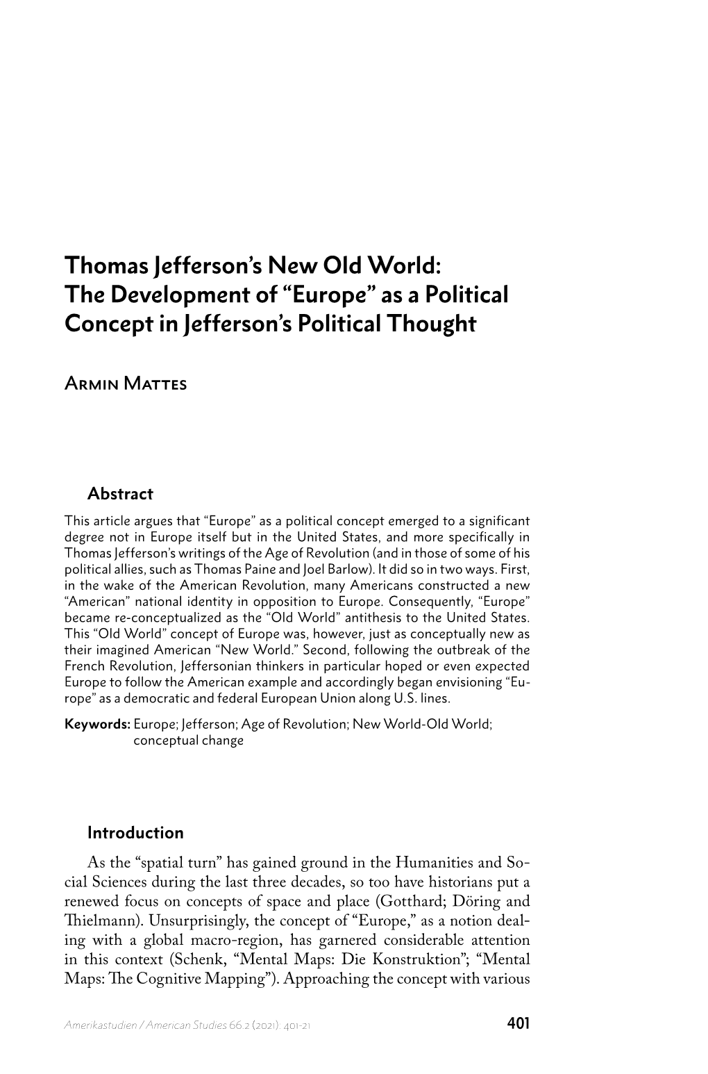 Thomas Jefferson's New Old World: the Development of “Europe”