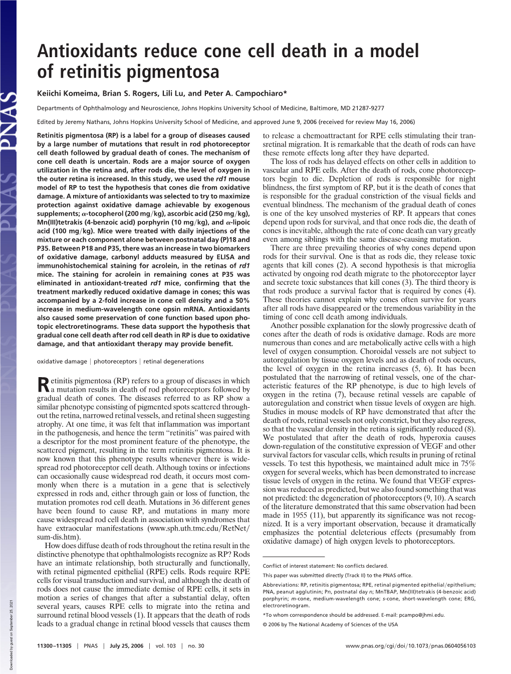 Antioxidants Reduce Cone Cell Death in a Model of Retinitis Pigmentosa