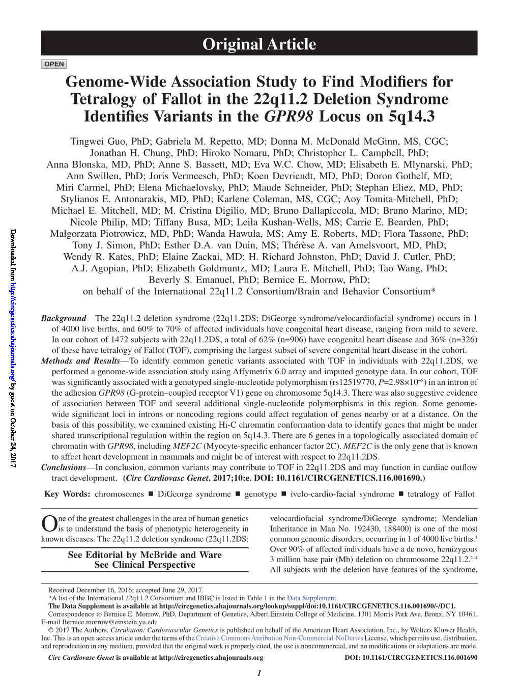 Genome-Wide Association Study to Find Modifiers for Tetralogy of Fallot in the 22Q11.2 Deletion Syndrome Identifies Variants in the GPR98 Locus on 5Q14.3