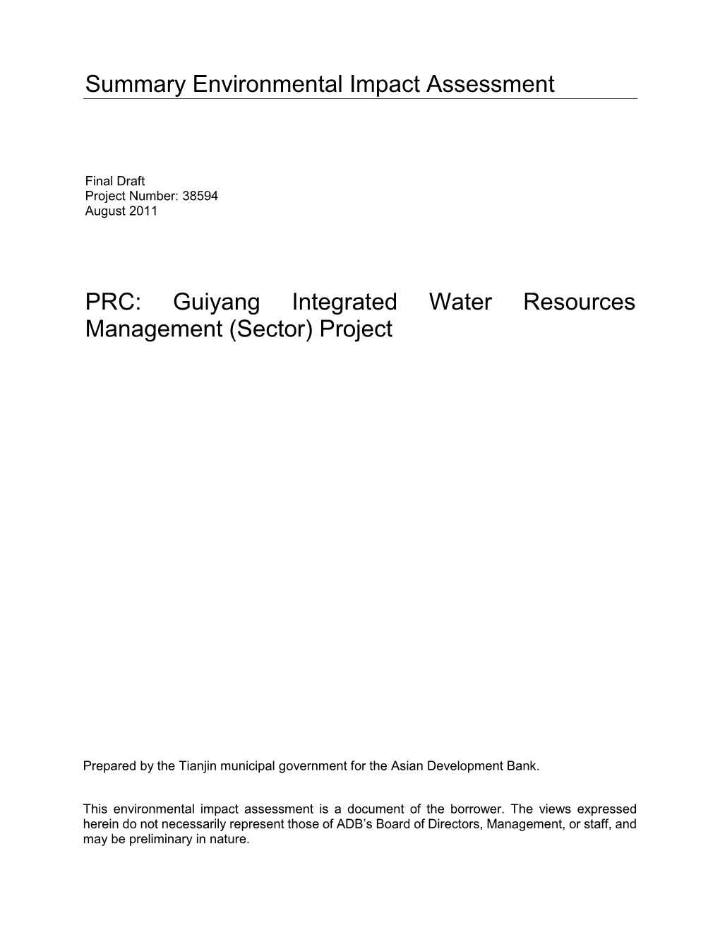 Draft SEIA: PRC: Xiguan Reservoir Subproject, Guiyang Integrated