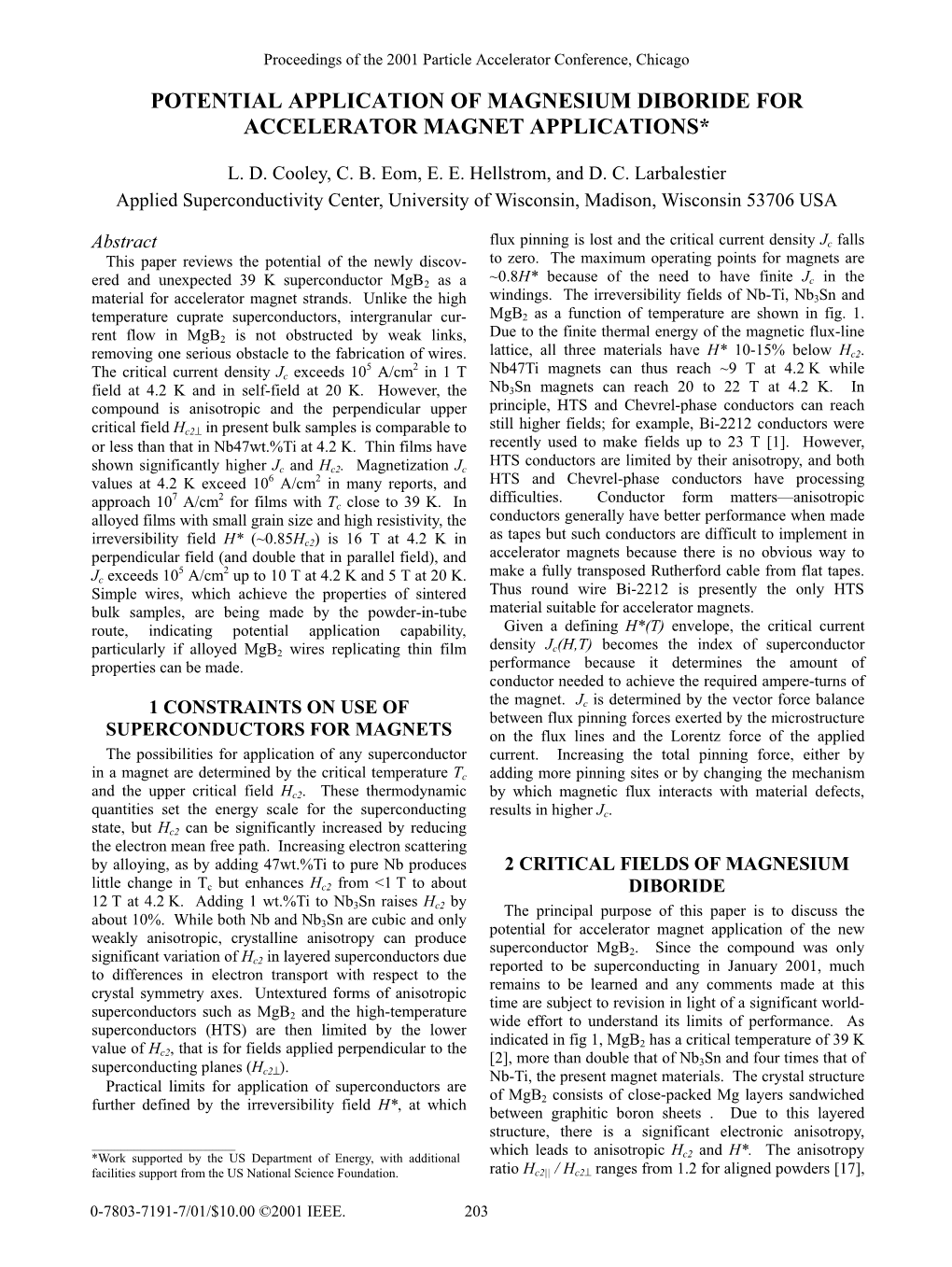 Potential Application of Magnesium Diboride for Accelerator Magnet Applications*