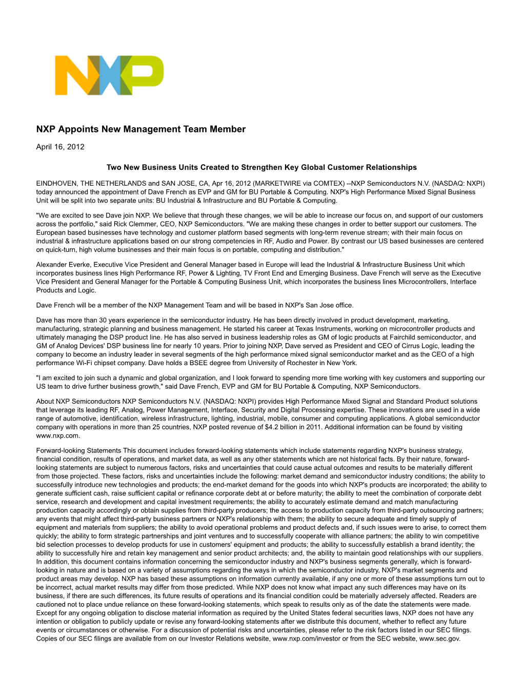 NXP Appoints New Management Team Member