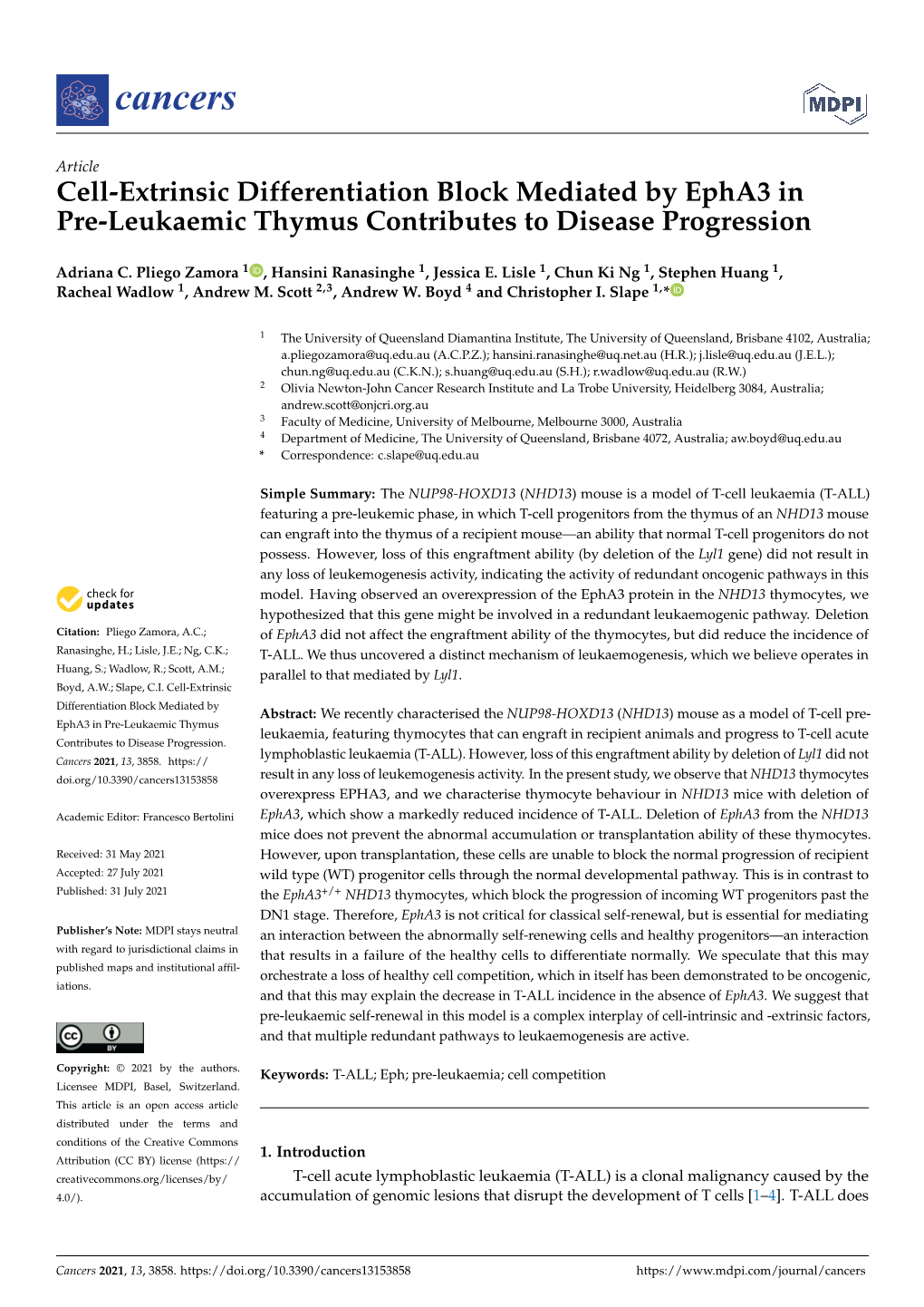 Cell-Extrinsic Differentiation Block Mediated by Epha3 in Pre-Leukaemic Thymus Contributes to Disease Progression