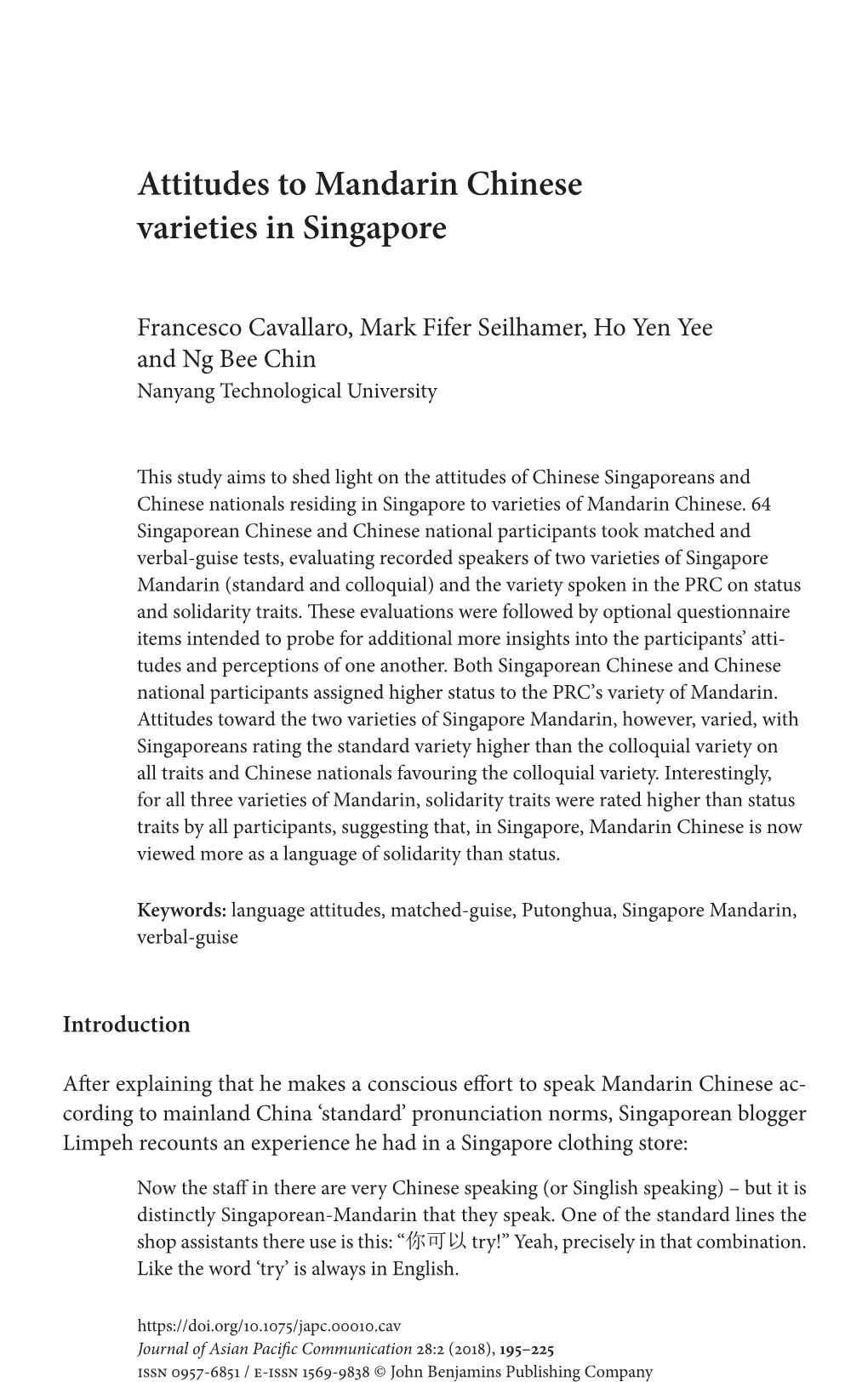 Attitudes to Mandarin Chinese Varieties in Singapore