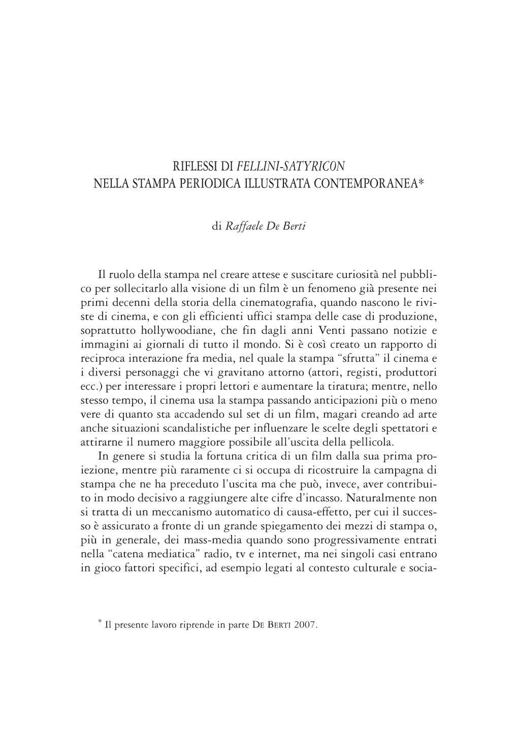 Riflessi Di Fellini-Satyricon Nella Stampa Periodica Illustrata Contemporanea*