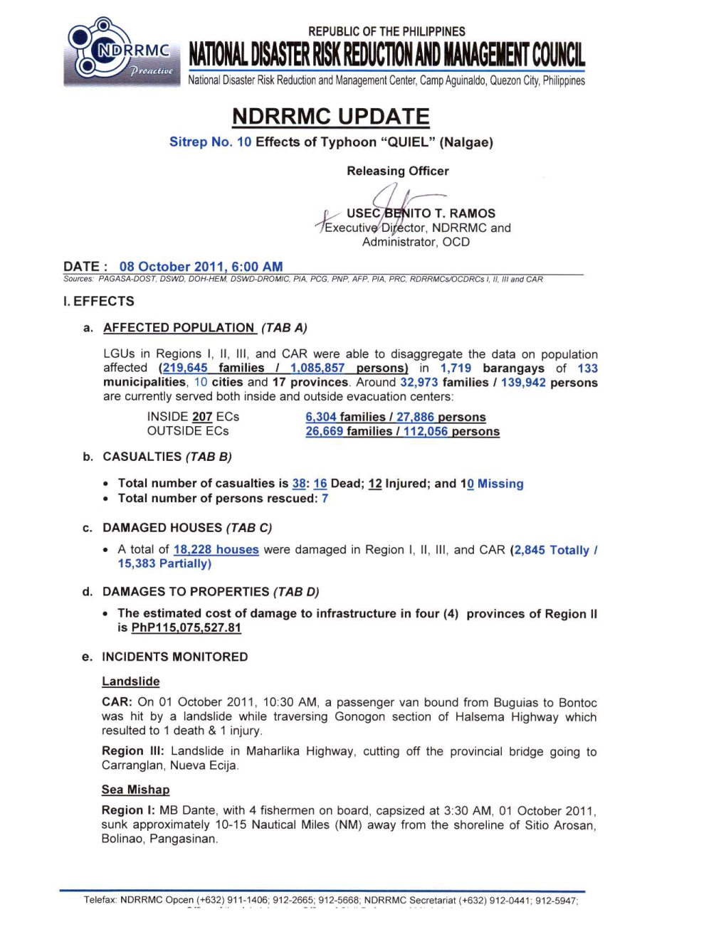 NDRRMC Update Sitrep No 10 Re Effects of TY QUIEL 8 Oct 2011 6 AM