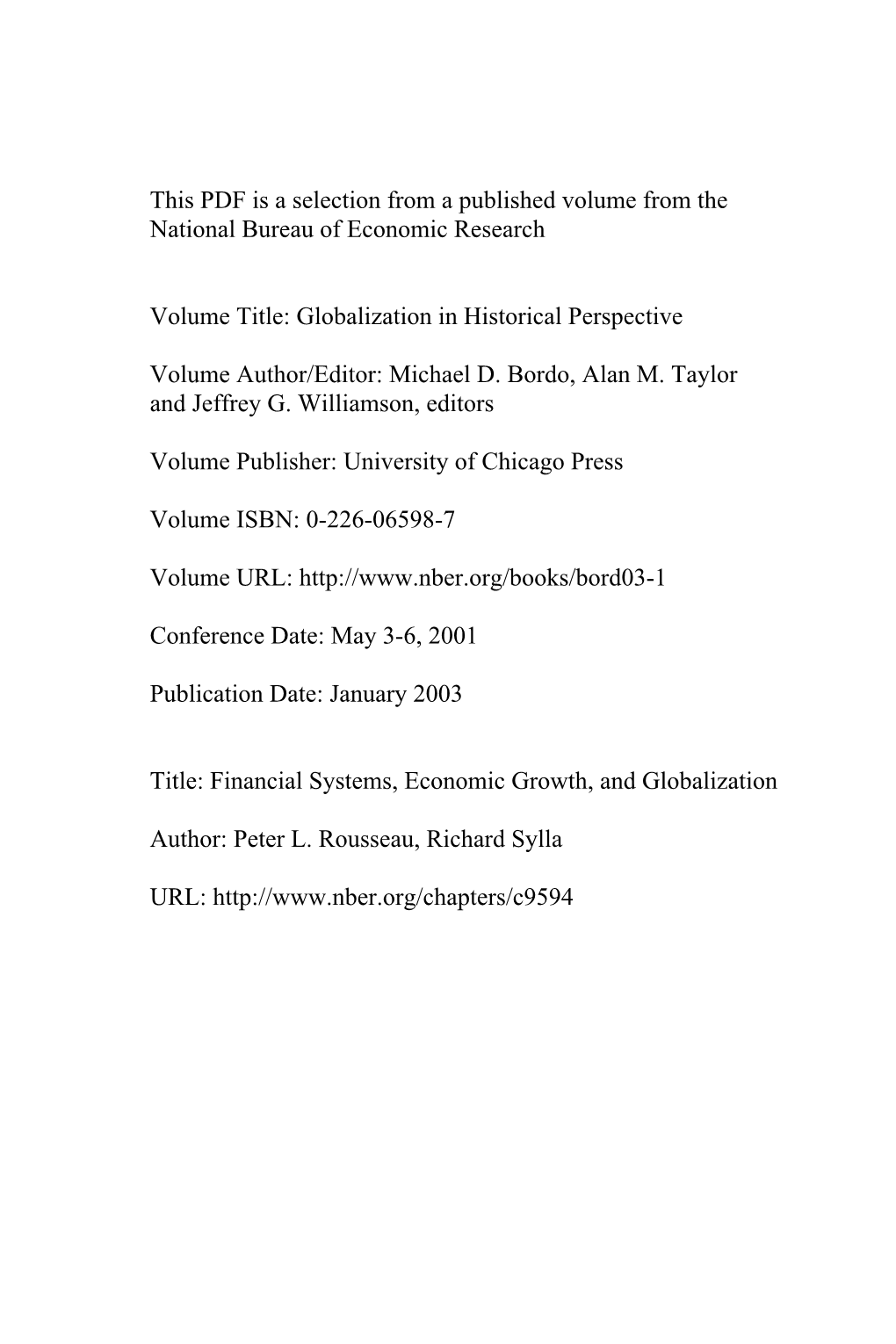 Financial Systems, Economic Growth, and Globalization