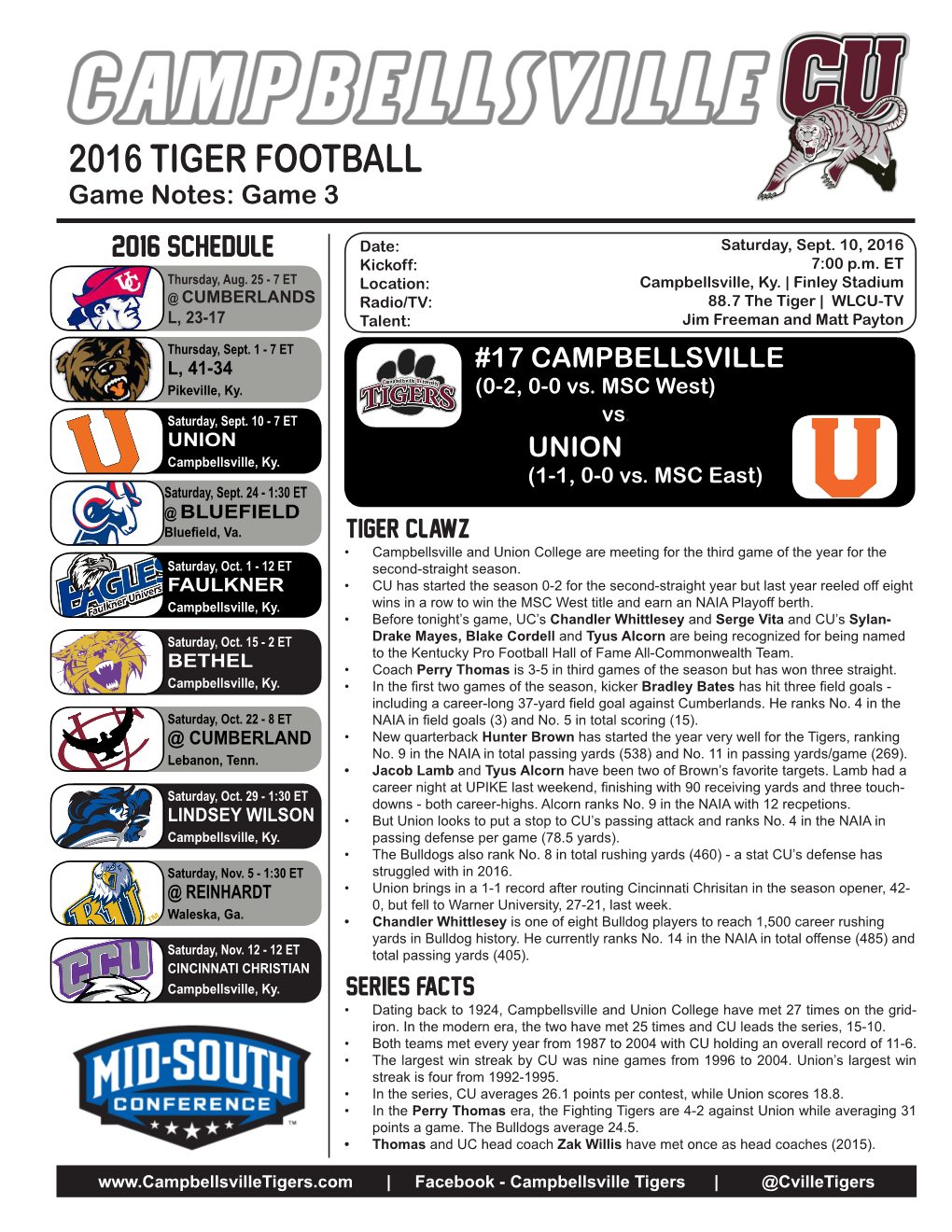 2016 TIGER FOOTBALL Game Notes: Game 3