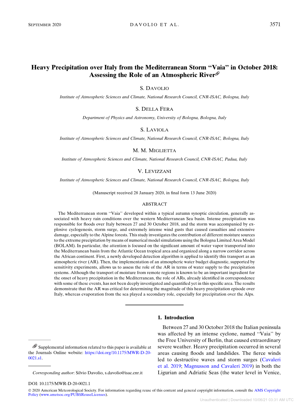 Heavy Precipitation Over Italy from the Mediterranean Storm ‘‘Vaia’’ in October 2018: Assessing the Role of an Atmospheric River