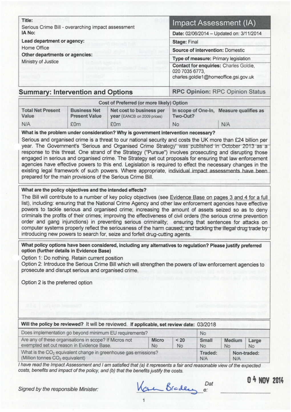 Overarching Impact Assessment Has Been Developed to Provide an Overview of the Main Provisions of the Bill