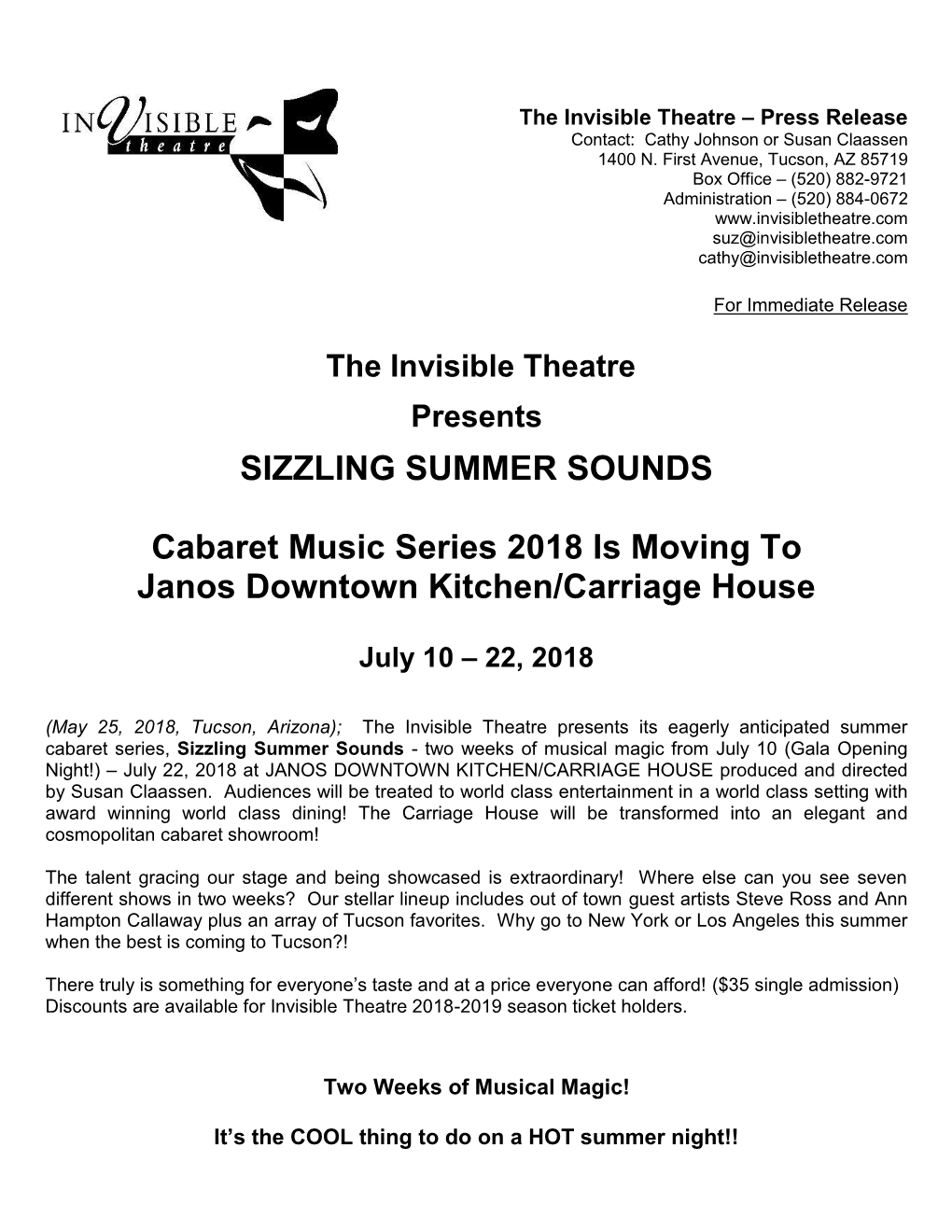 The Invisible Theatre Presents SIZZLING SUMMER SOUNDS