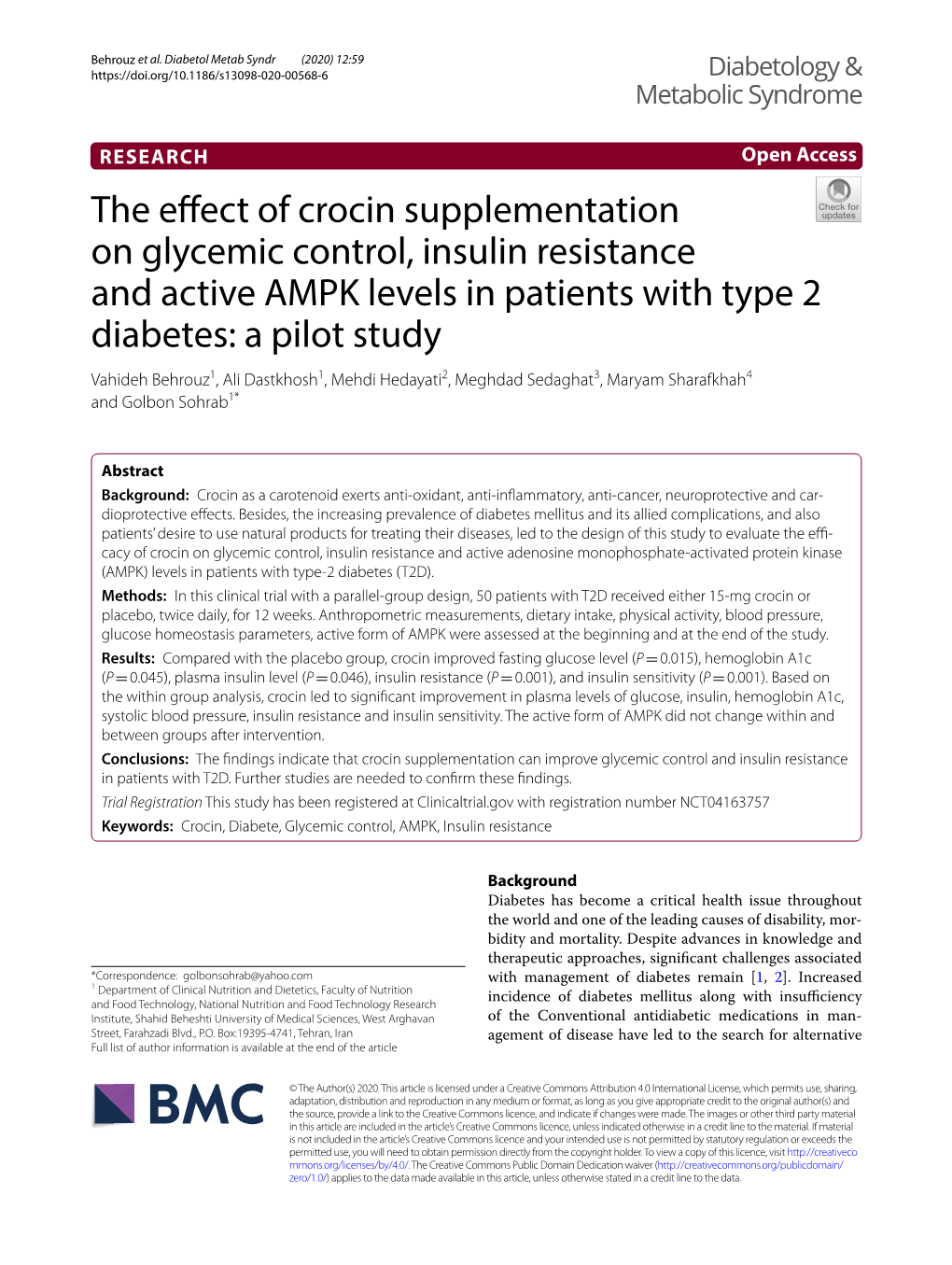 The Effect of Crocin Supplementation on Glycemic Control, Insulin