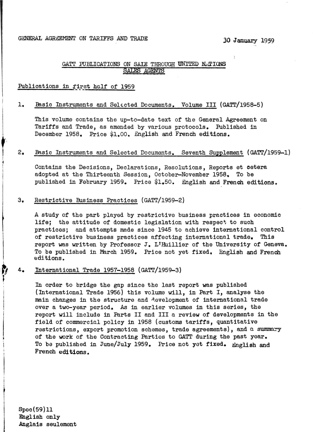 GENERAL AGREEMENT on TARIFFS and TRADE 30 January 1959